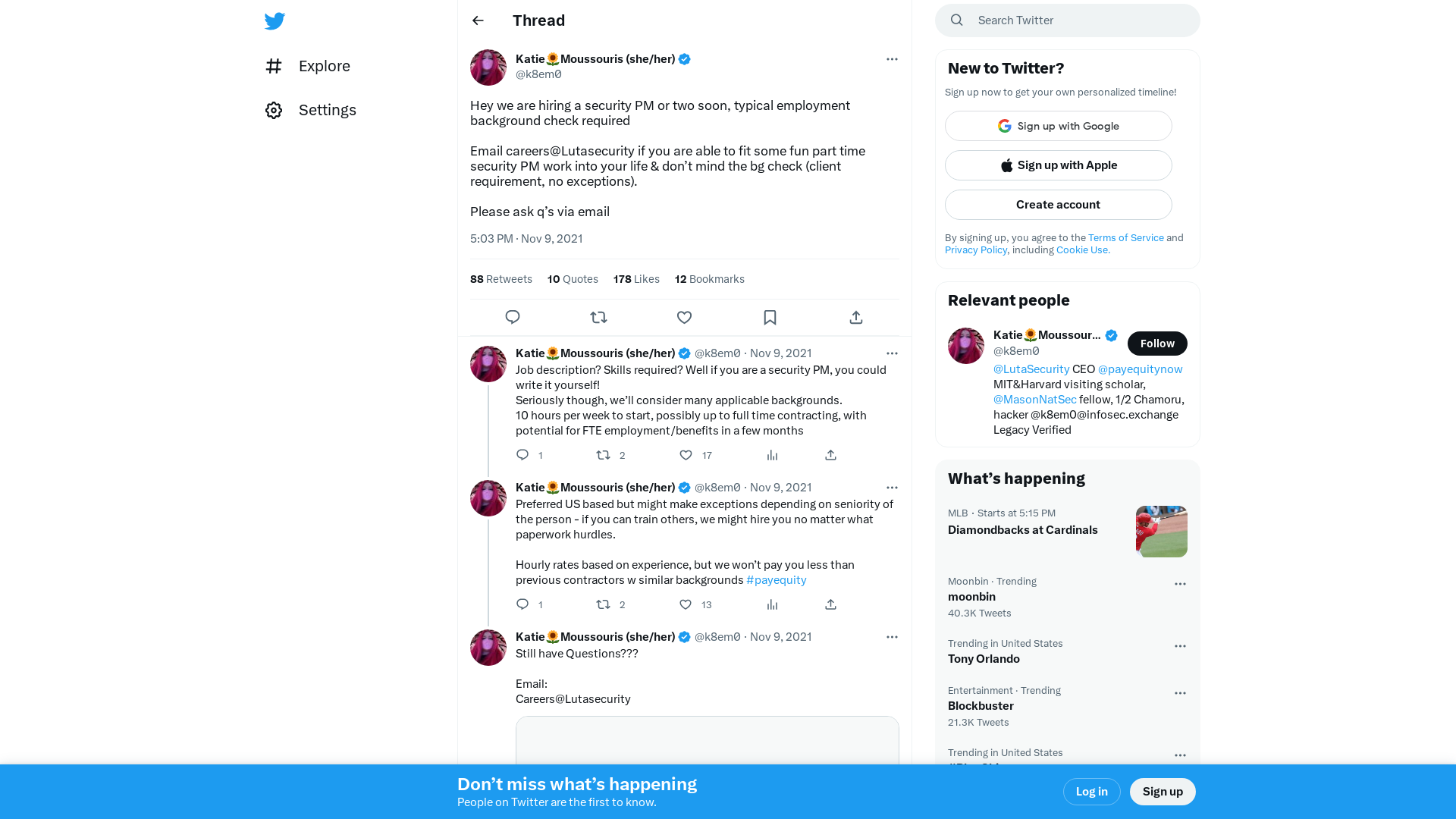 Katie🌻Moussouris (she/her) on Twitter: "Hey we are hiring a security PM or two soon, typical employment background check required Email careers@Lutasecurity if you are able to fit some fun part time security PM work into your life &amp; don’t mind the bg check (client requirement, no exceptions). Please ask q’s via email" / Twitter