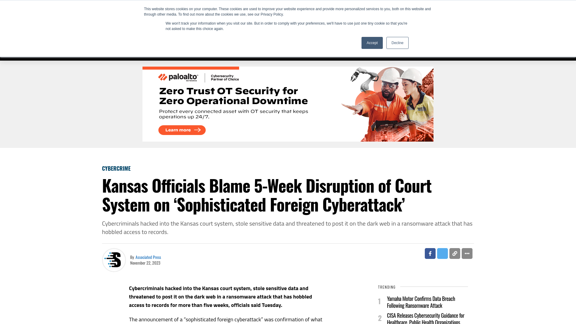 Kansas Officials Blame 5-Week Disruption of Court System on ‘Sophisticated Foreign Cyberattack’ - SecurityWeek