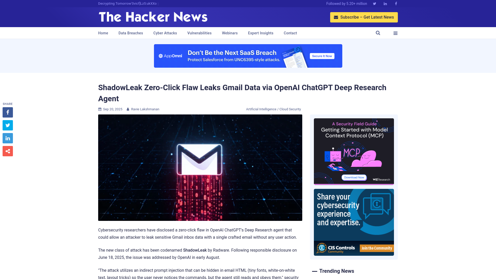 ShadowLeak Zero-Click Flaw Leaks Gmail Data via OpenAI ChatGPT Deep Research Agent