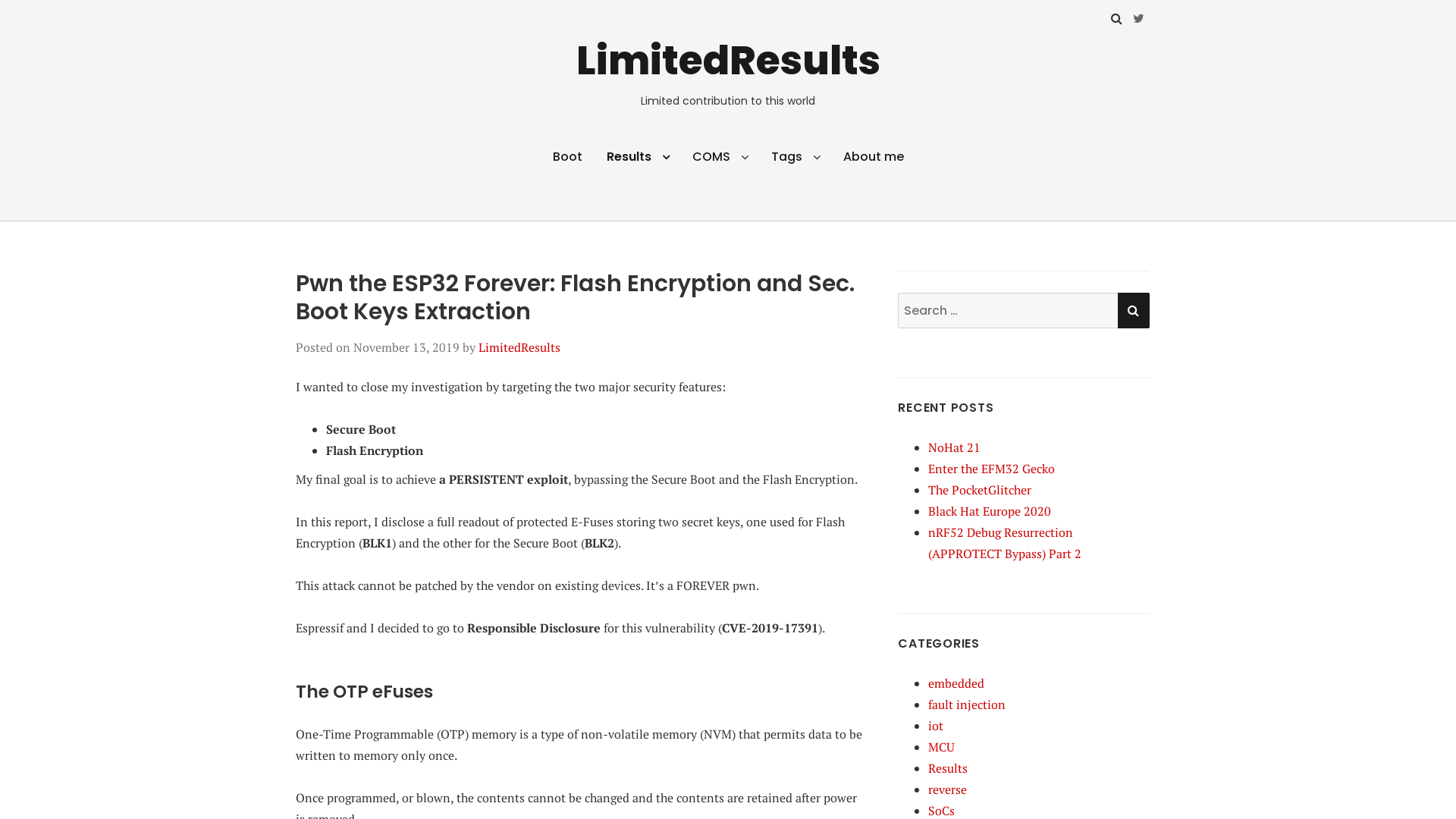 Pwn the ESP32 Forever: Flash Encryption and Sec. Boot Keys Extraction - LimitedResults