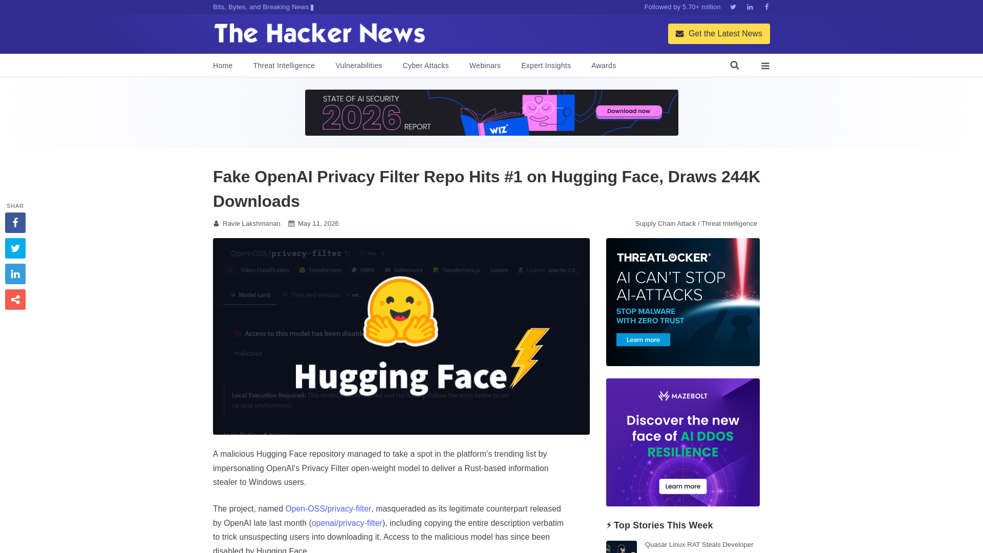 Fake OpenAI Privacy Filter Repo Hits #1 on Hugging Face, Draws 244K Downloads