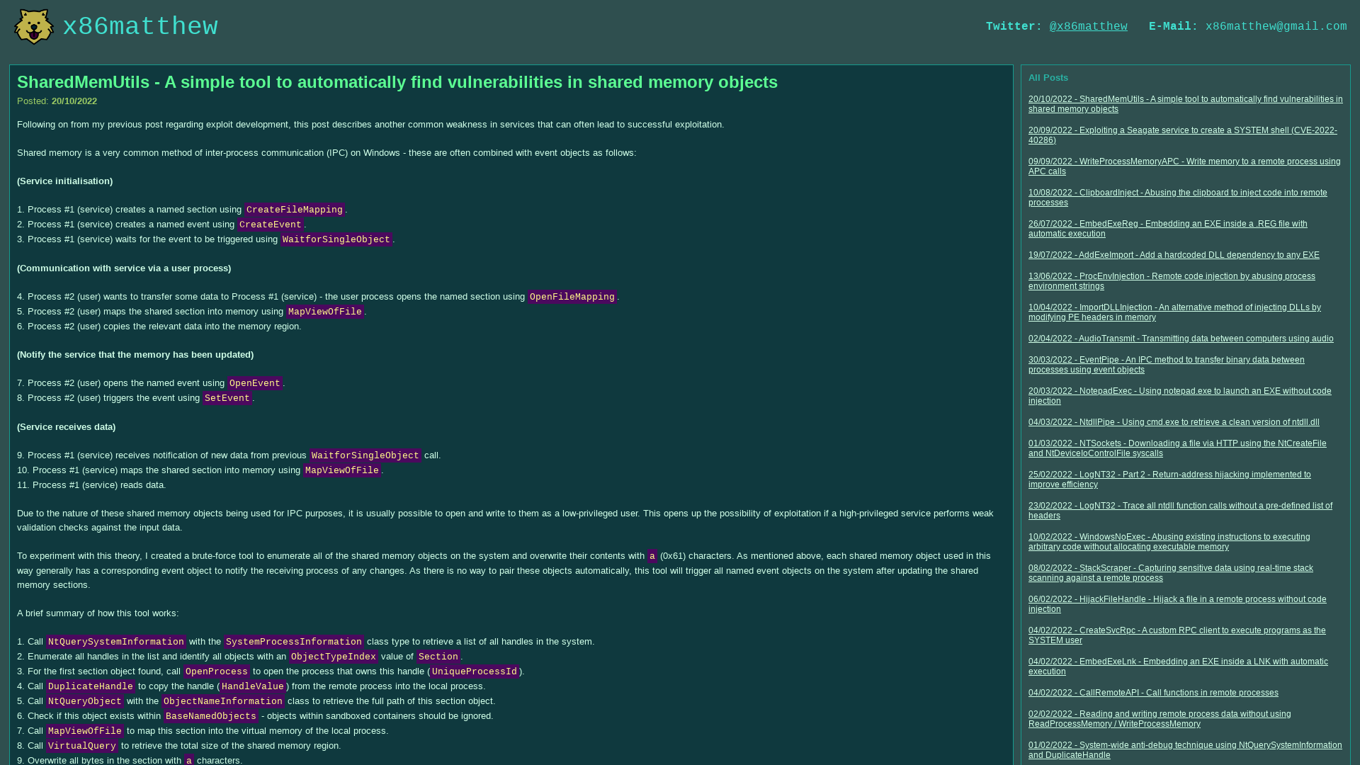 x86matthew - SharedMemUtils - A simple tool to automatically find vulnerabilities in shared memory objects