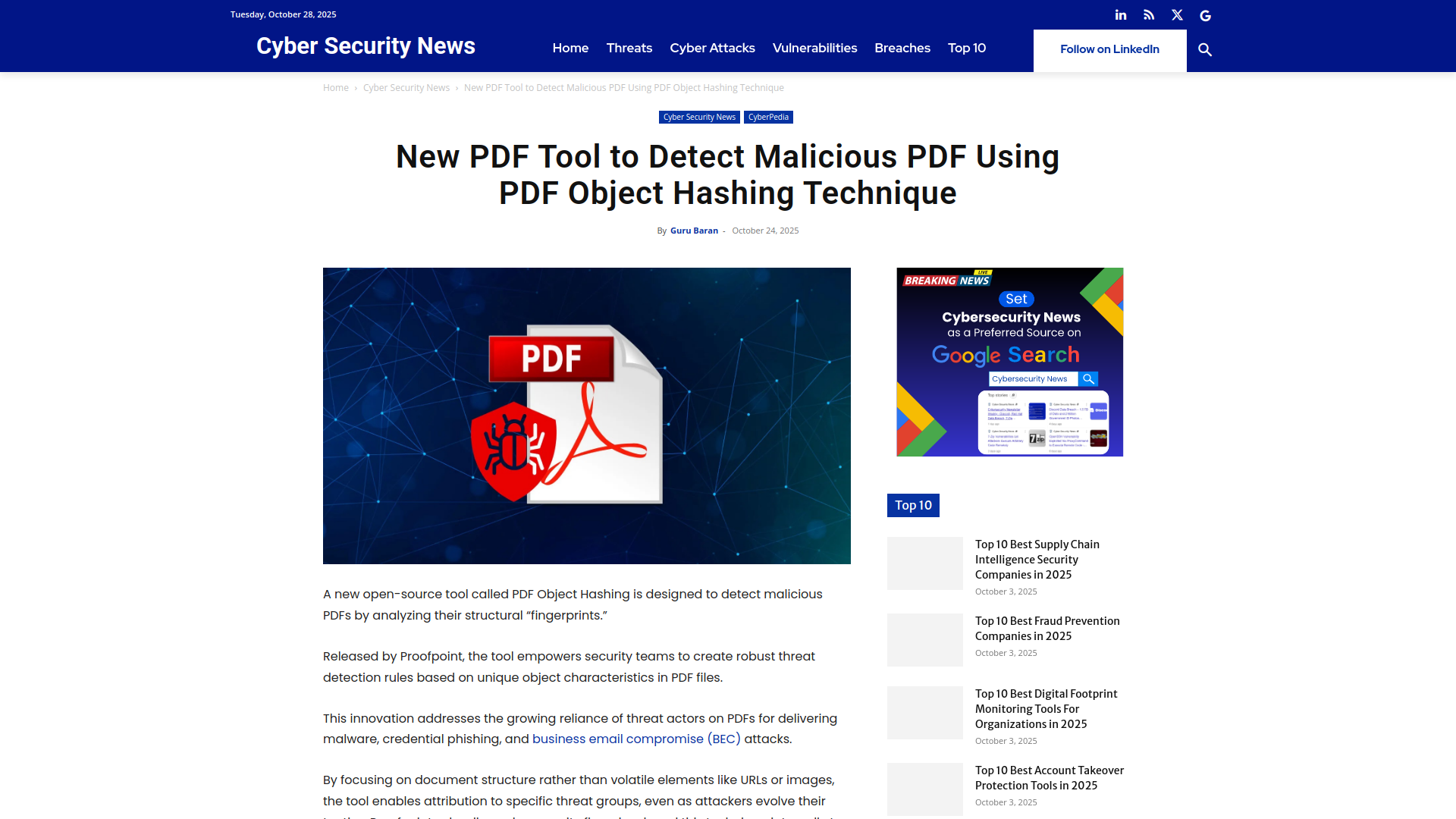 New PDF Tool To Detect Malicious PDF Using PDF Object Hashing Technique