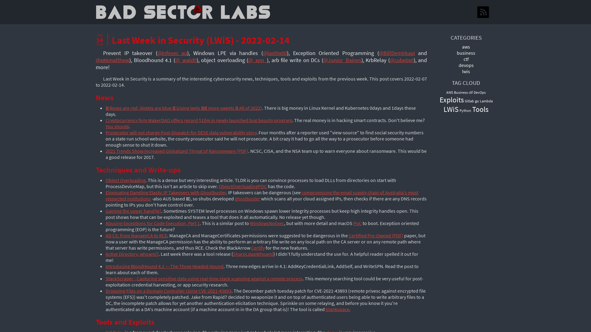 Last Week in Security (LWiS) - 2022-02-14 | Bad Sector Labs Blog
