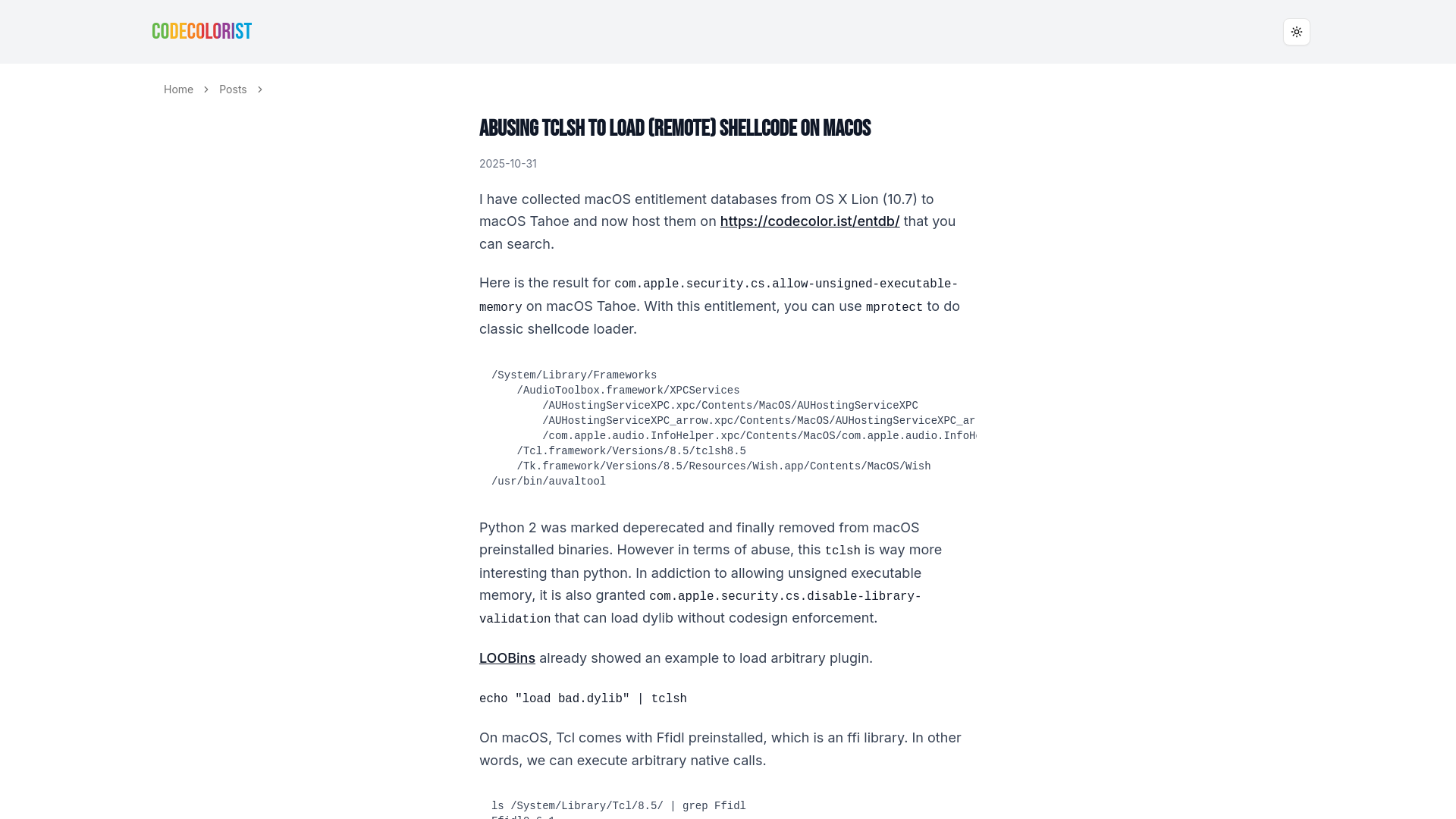 Abusing tclsh to Load (Remote) Shellcode on macOS | CodeColorist