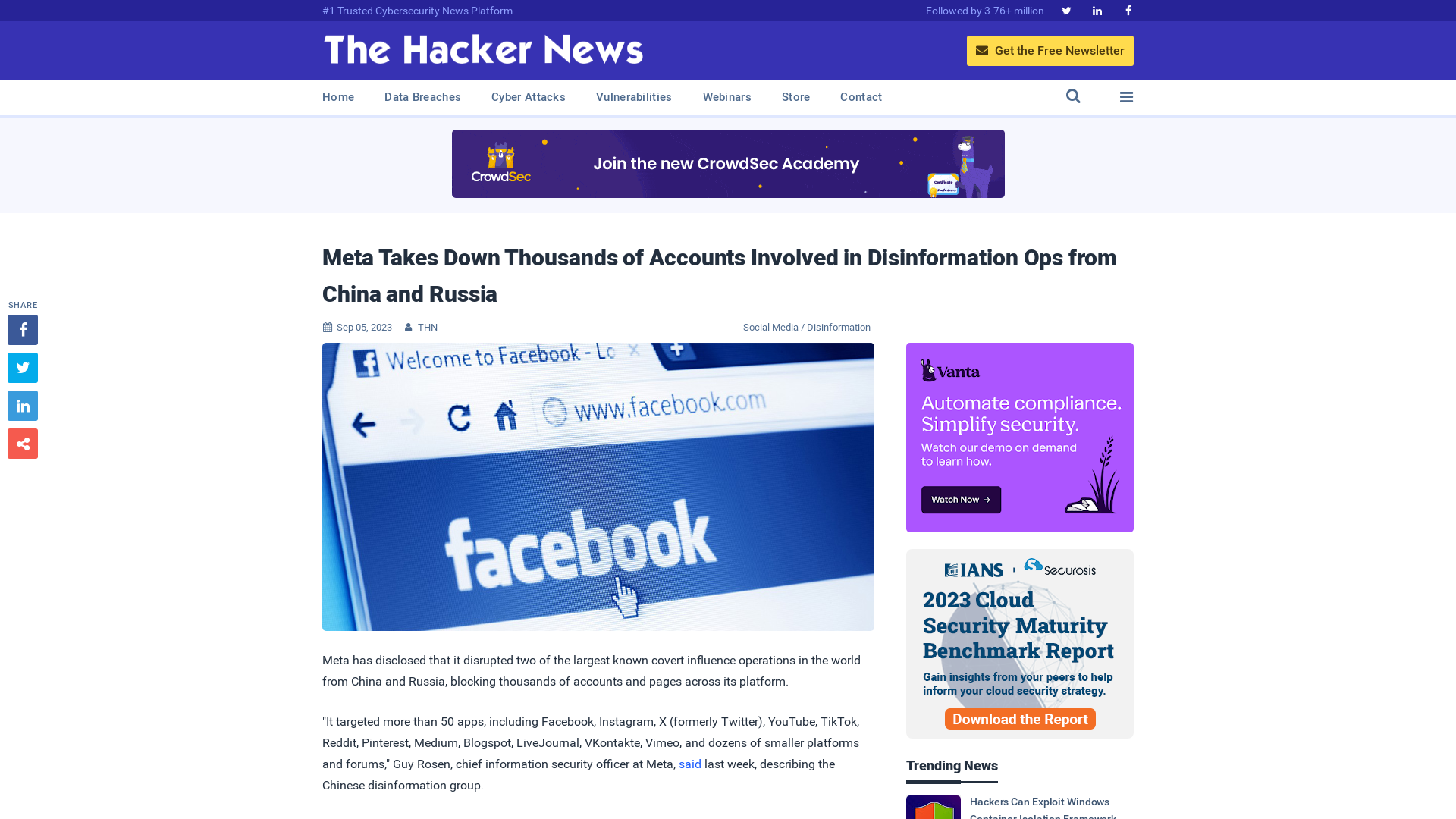 Meta Takes Down Thousands of Accounts Involved in Disinformation Ops from China and Russia