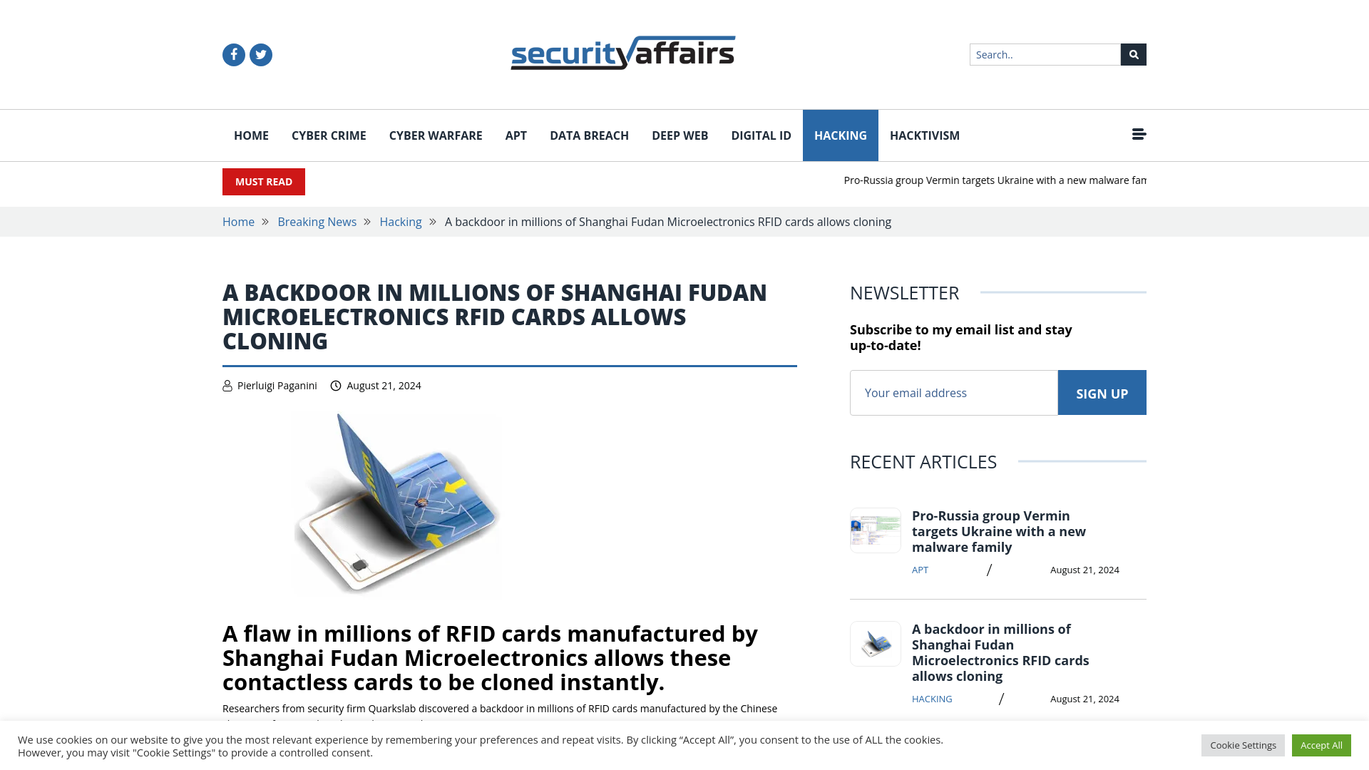 A backdoor in millions of Shanghai Fudan Microelectronics RFID cards allows cloning