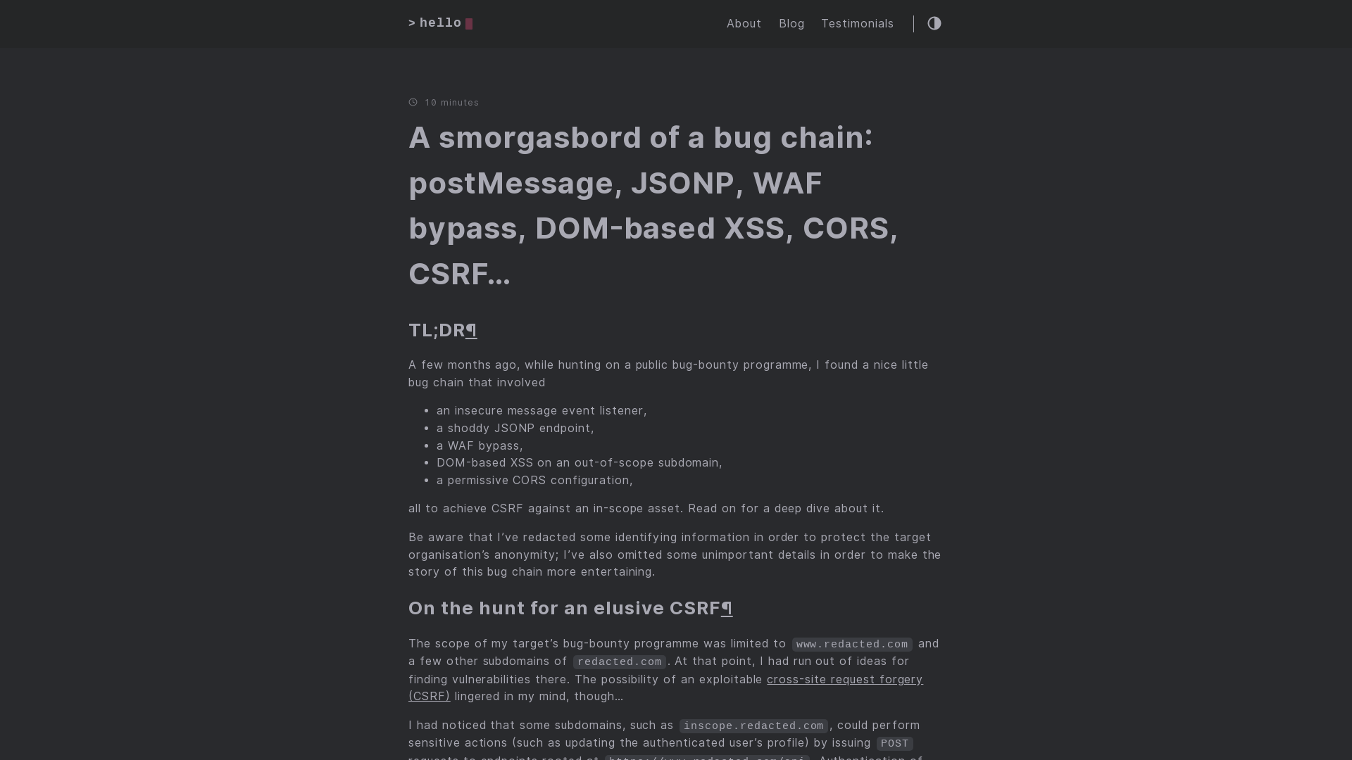 A smorgasbord of a bug chain: postMessage, JSONP, WAF bypass, DOM-based XSS, CORS, CSRF... :: jub0bs.com