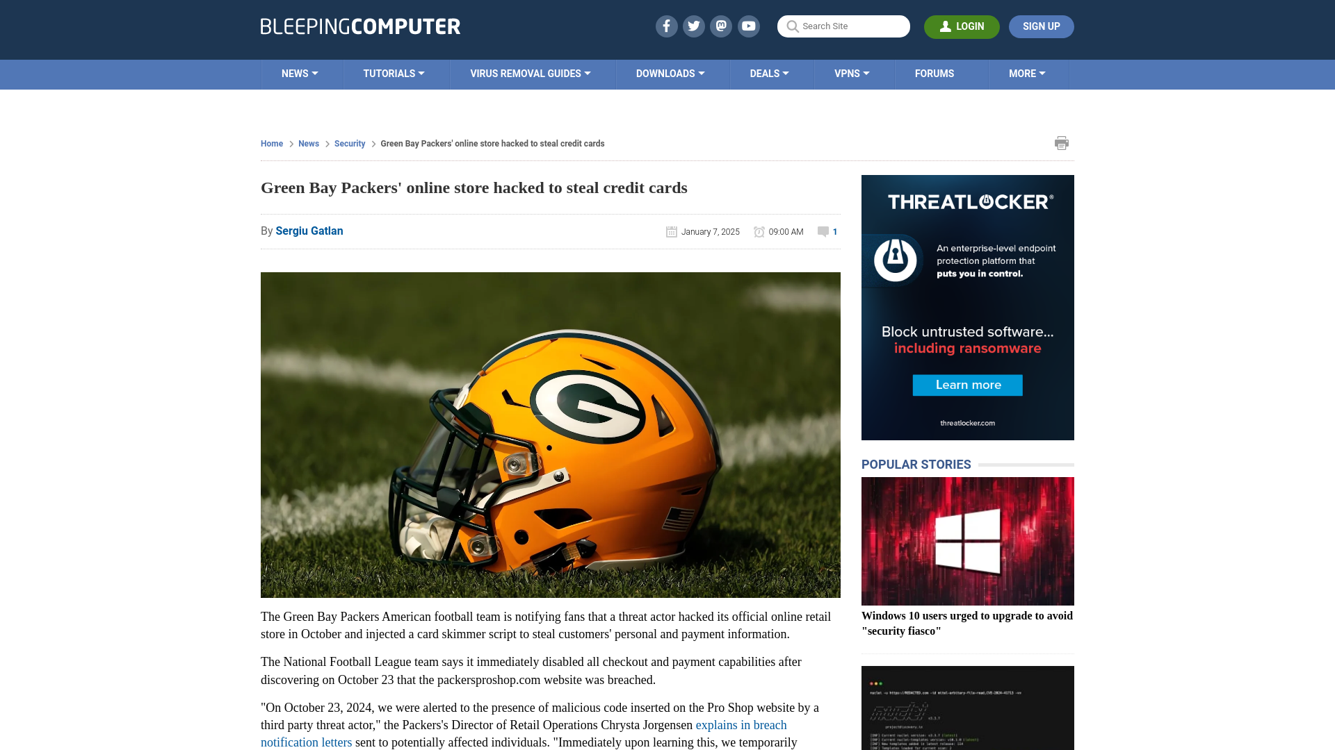 Green Bay Packers' online store hacked to steal credit cards