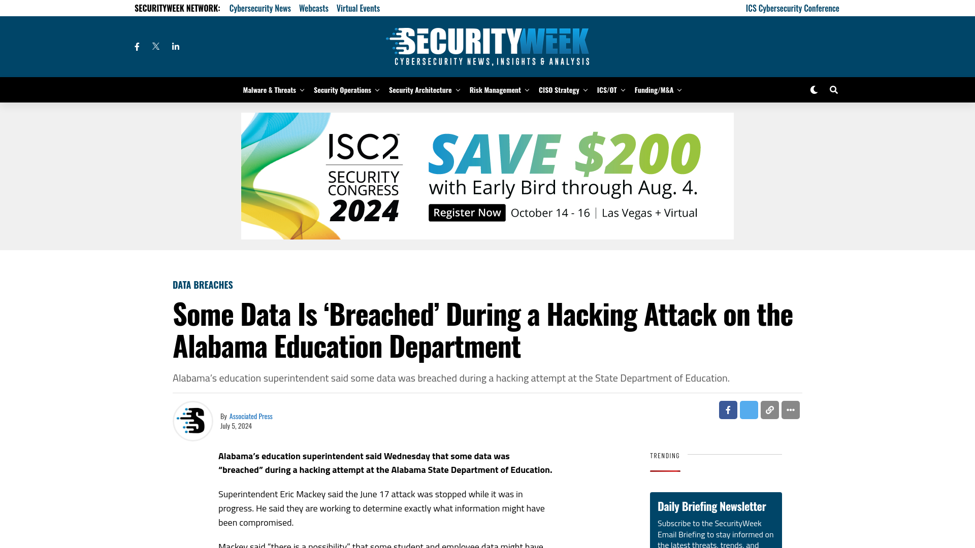 Some Data Is 'Breached' During a Hacking Attack on the Alabama Education Department - SecurityWeek