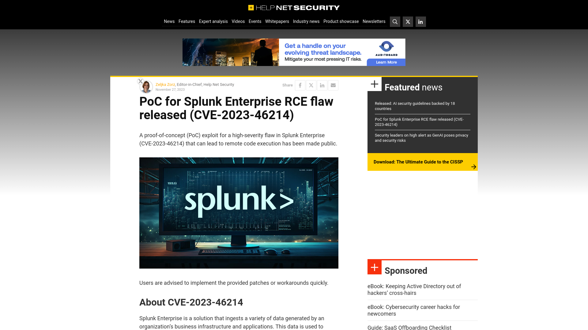 PoC for Splunk Enterprise RCE flaw released (CVE-2023-46214) - Help Net Security