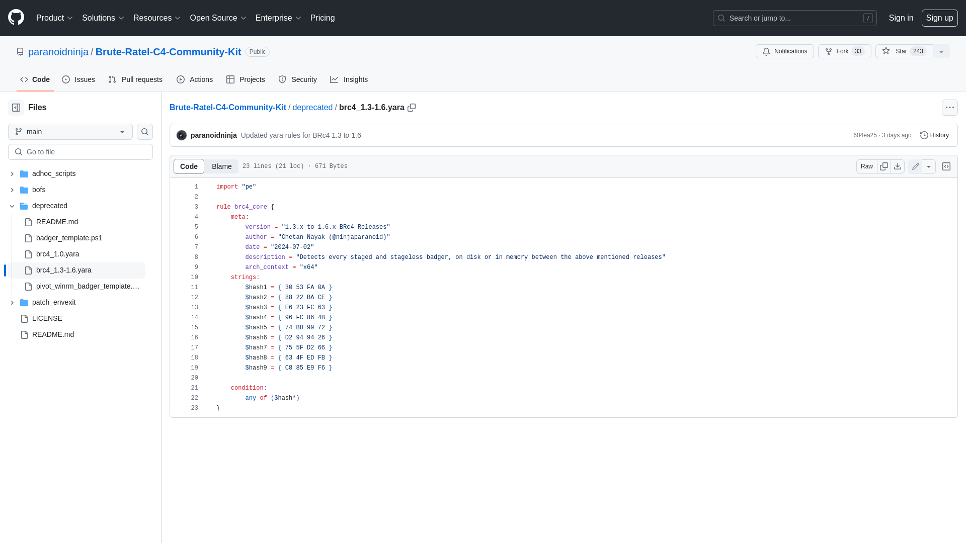 Brute-Ratel-C4-Community-Kit/deprecated/brc4_1.3-1.6.yara at main · paranoidninja/Brute-Ratel-C4-Community-Kit · GitHub