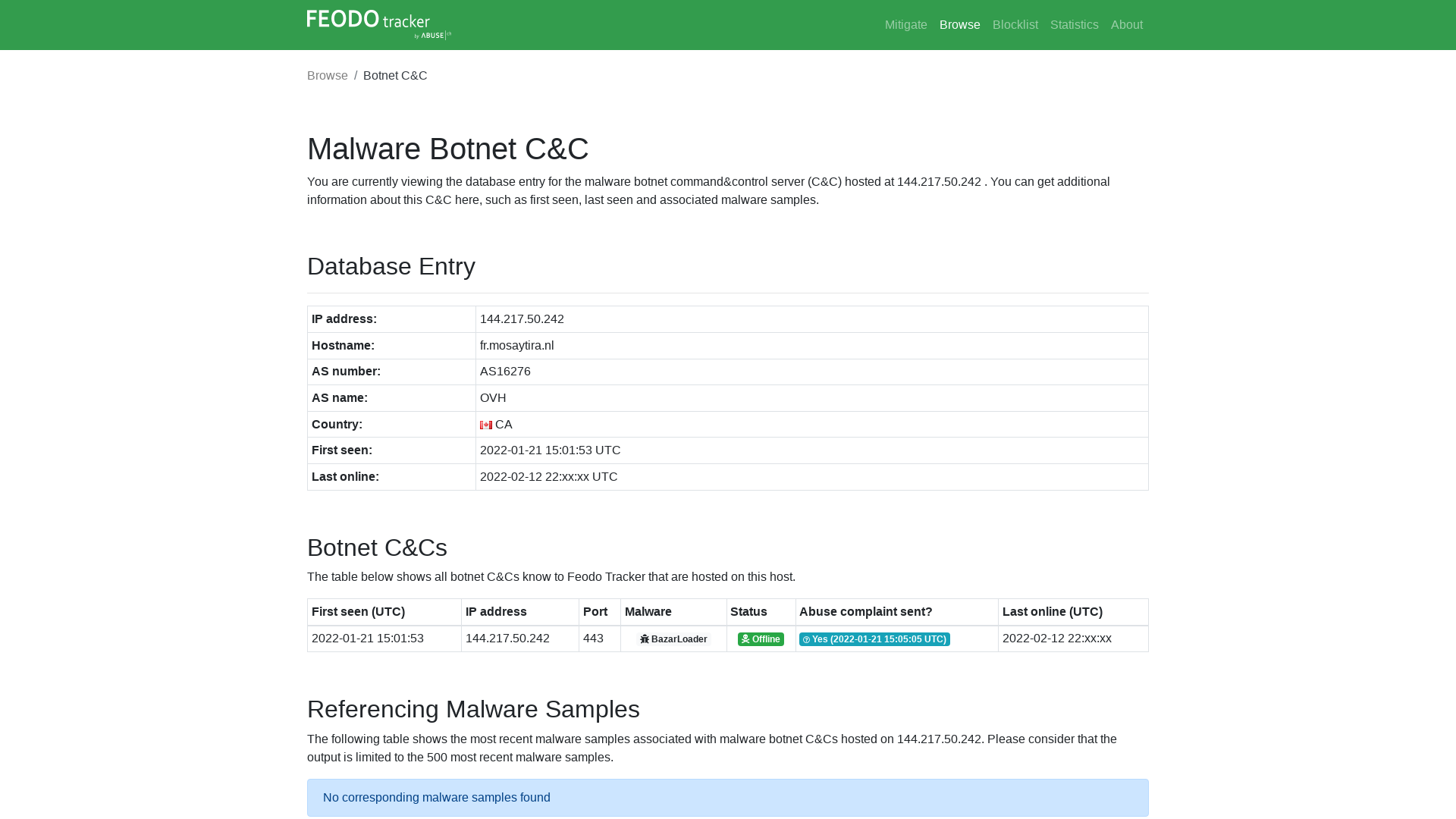 Feodo Tracker | BazarLoader C&C: 144.217.50.242