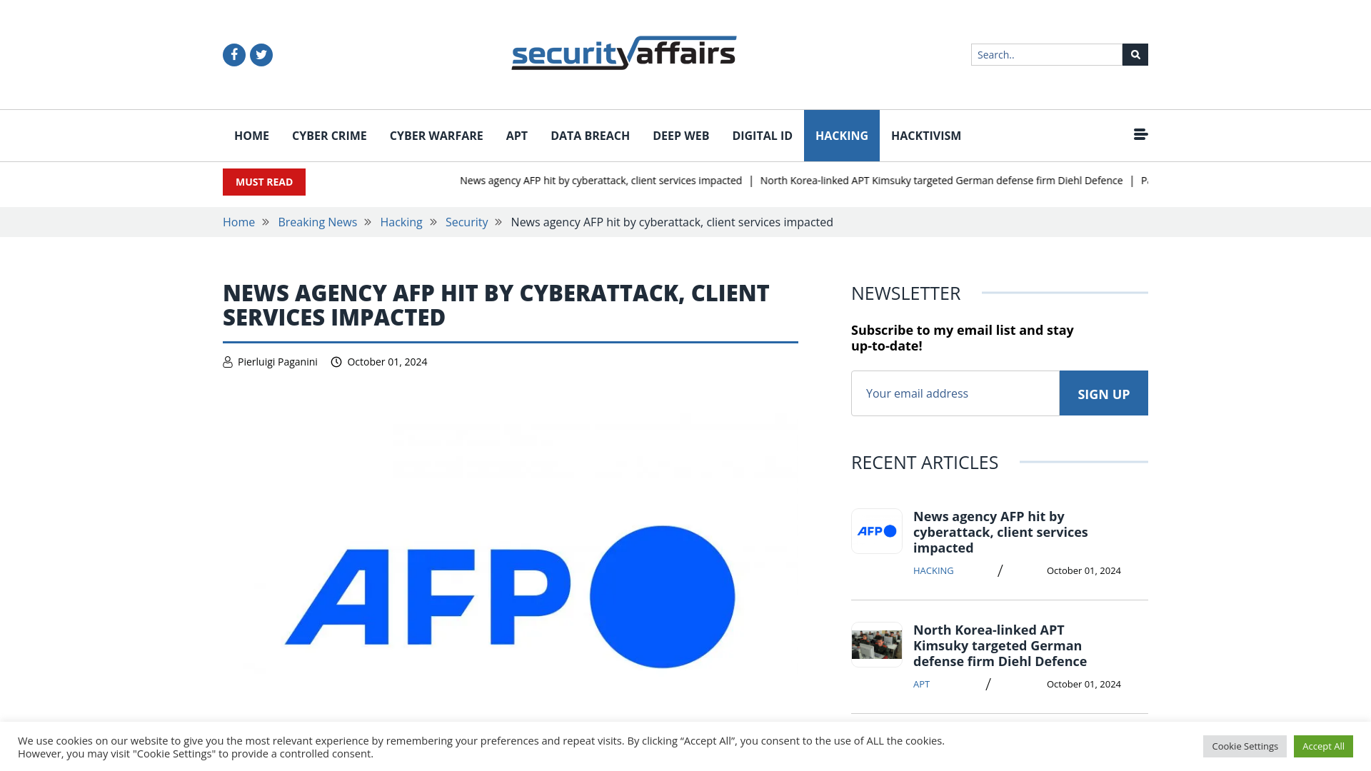 News agency AFP hit by cyberattack, client services impacted