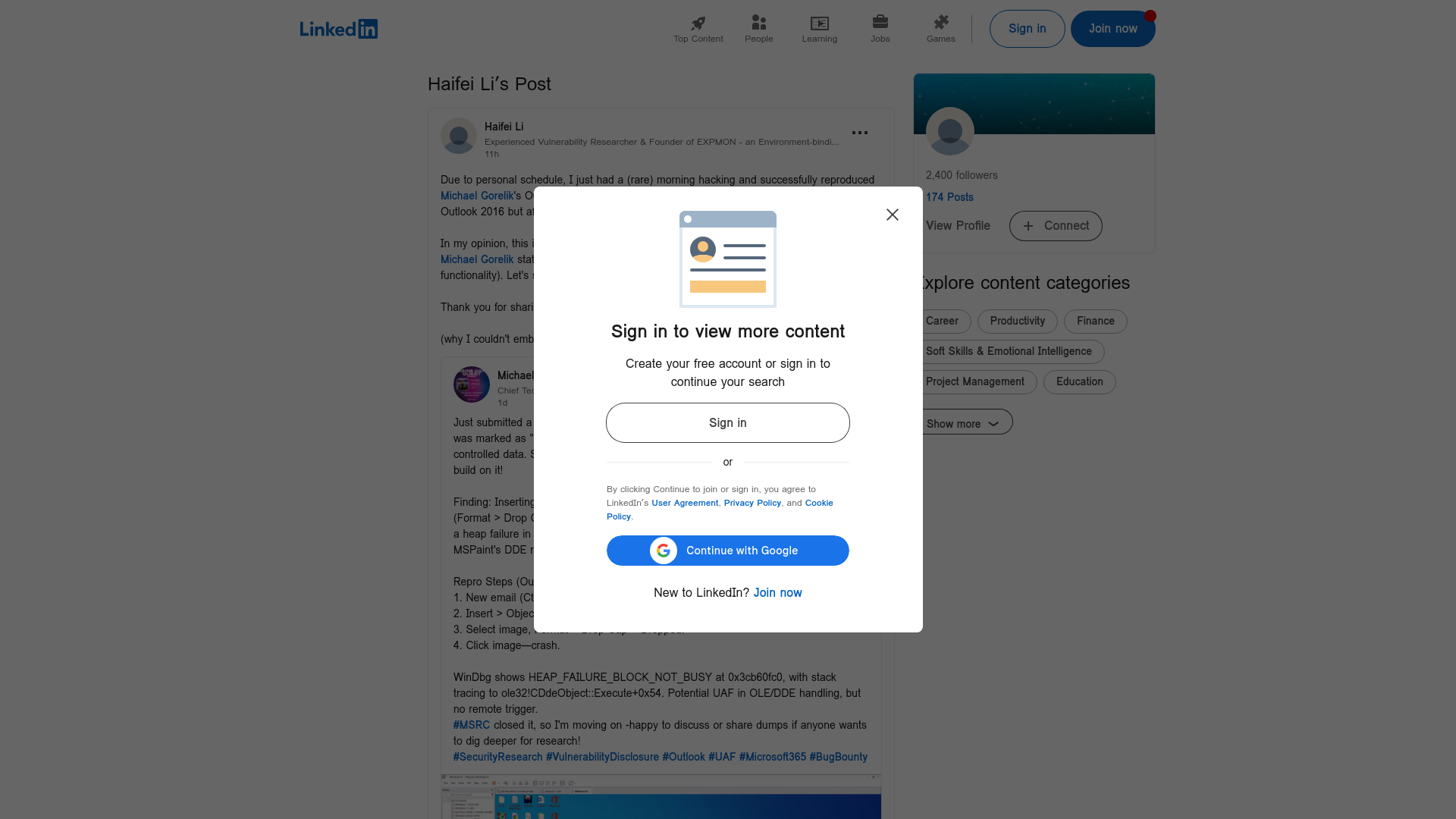 Due to personal schedule, I just had a (rare) morning hacking and successfully reproduced Michael Gorelik's Outlook bug. Fairly easy to reproduce. NOTE: it doesn't only affect Outlook 2016 but… | Haifei Li