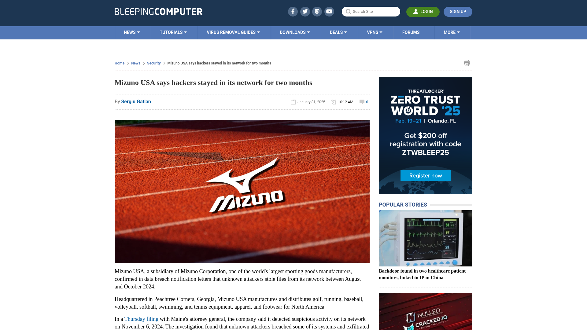 Mizuno USA says hackers stayed in its network for two months