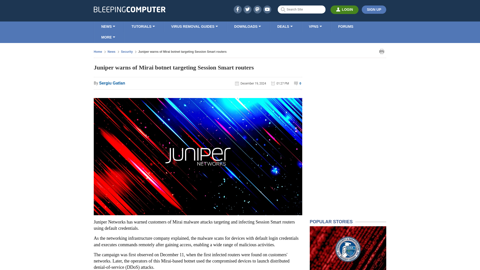 Juniper warns of Mirai botnet targeting Session Smart routers