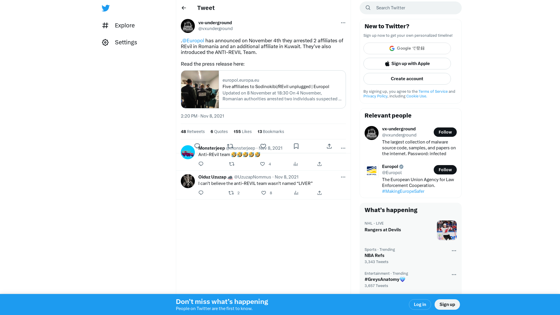 vx-underground on Twitter: ".@Europol has announced on November 4th they arrested 2 affiliates of REvil in Romania and an additional affiliate in Kuwait. They've also introduced the ANTI-REVIL Team. Read the press release here: https://t.co/4kpoR5iJKr" / Twitter
