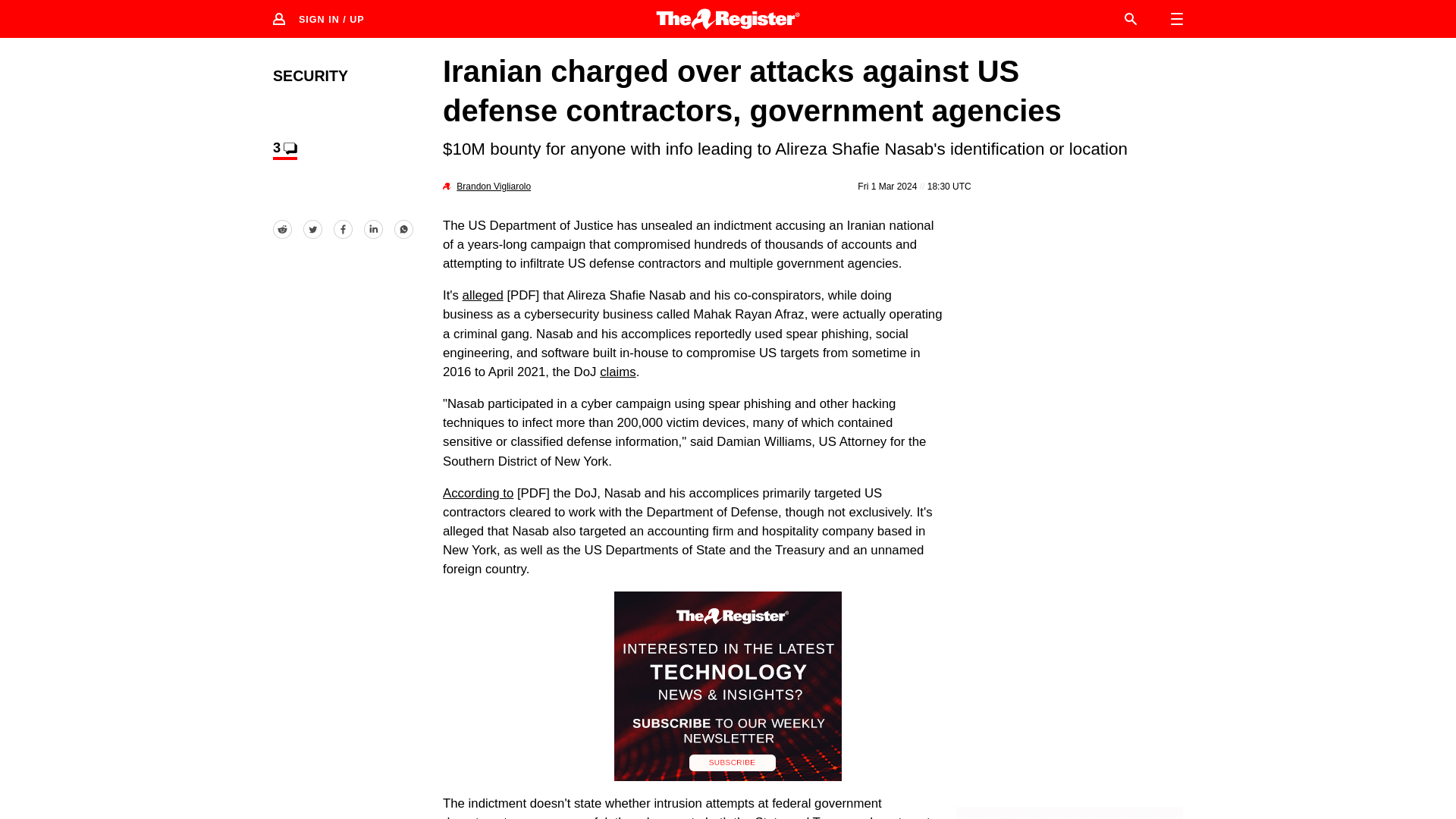 US charges Iranian with attacks against defense contractors • The Register