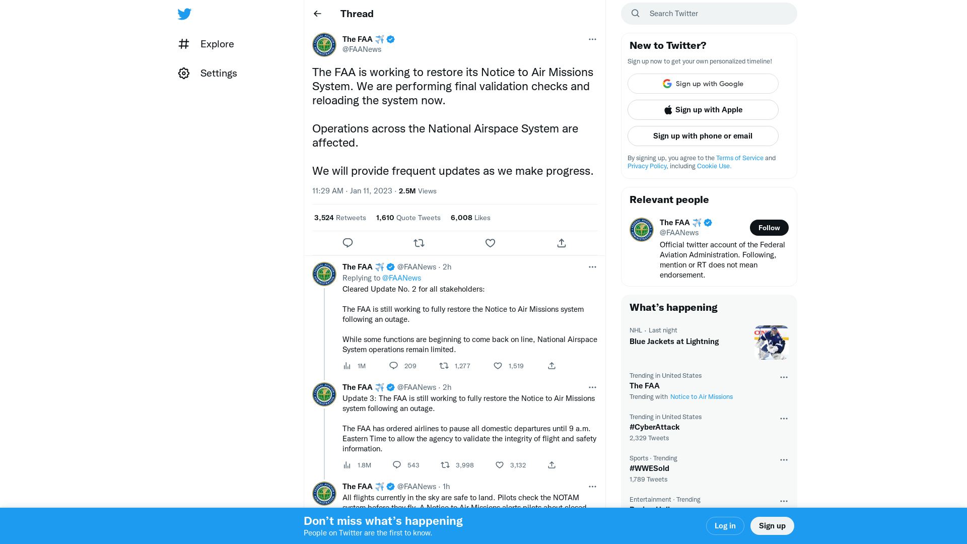 The FAA ✈️ on Twitter: "The FAA is working to restore its Notice to Air Missions System. We are performing final validation checks and reloading the system now. Operations across the National Airspace System are affected. We will provide frequent updates as we make progress." / Twitter