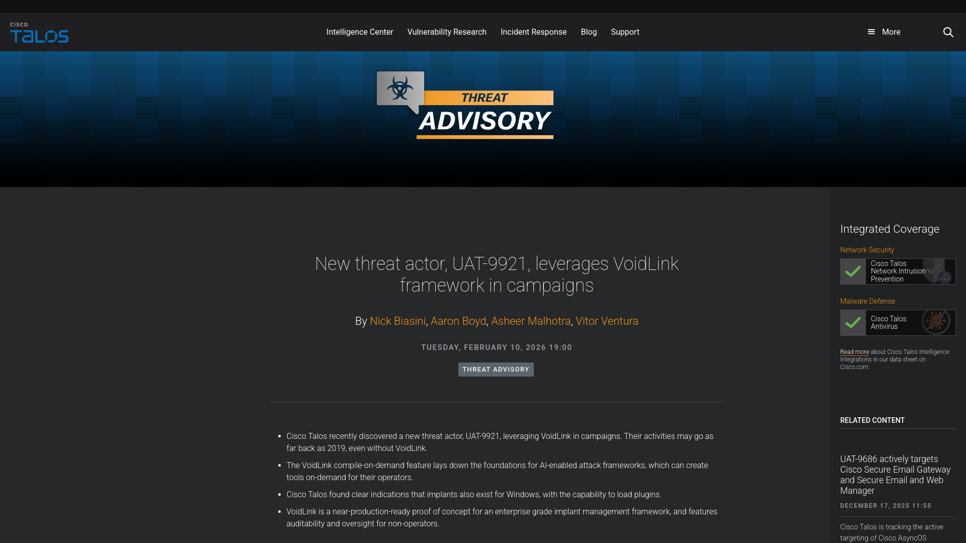 New threat actor, UAT-9921, leverages VoidLink framework in campaigns