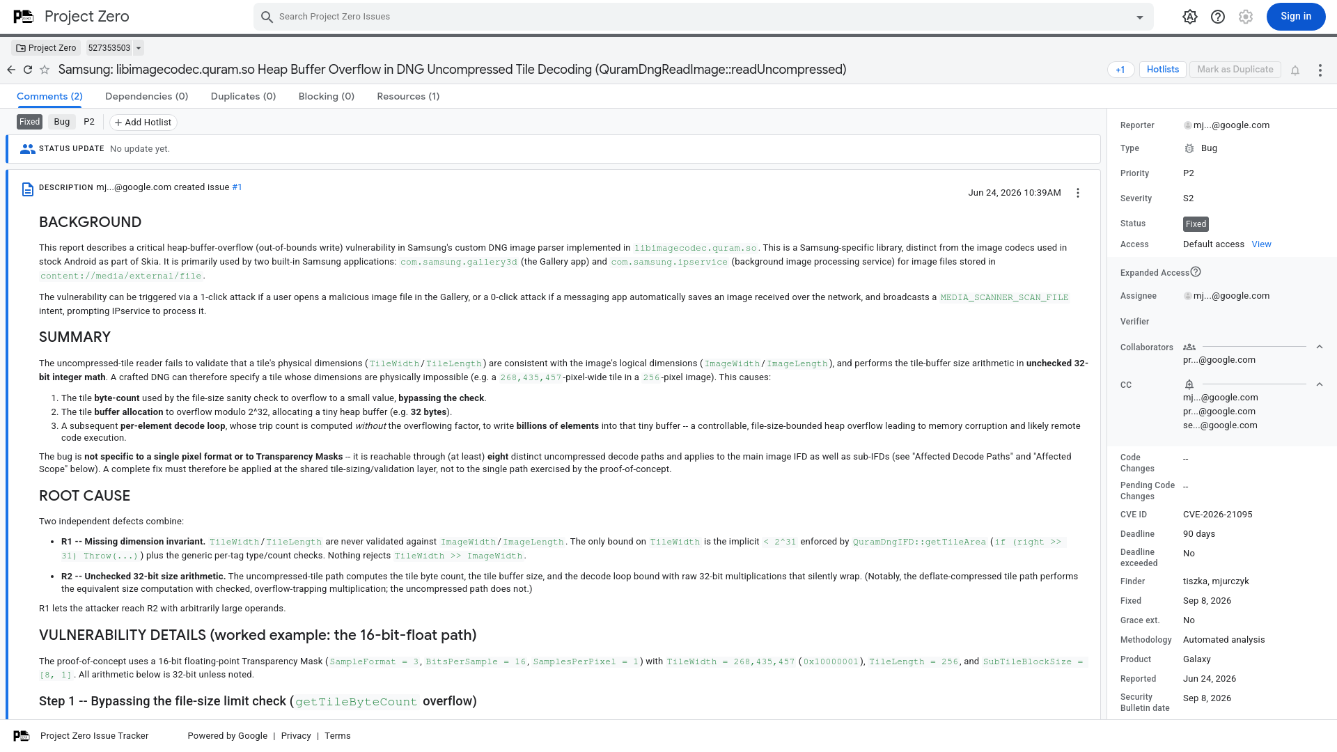 Samsung: libimagecodec.quram.so Heap Buffer Overflow in DNG Uncompressed Tile Decoding (QuramDngReadImage::readUncompressed) [527353503] - Project Zero