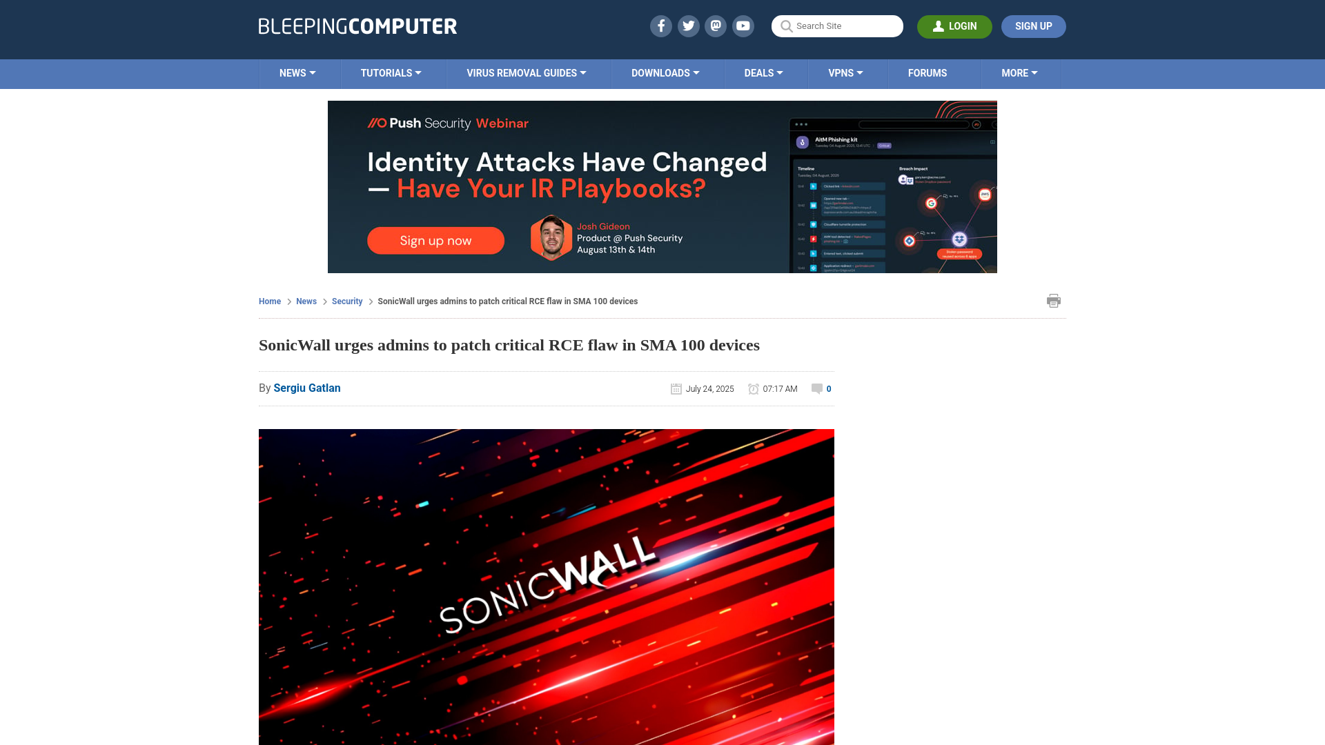 SonicWall urges admins to patch critical RCE flaw in SMA 100 devices