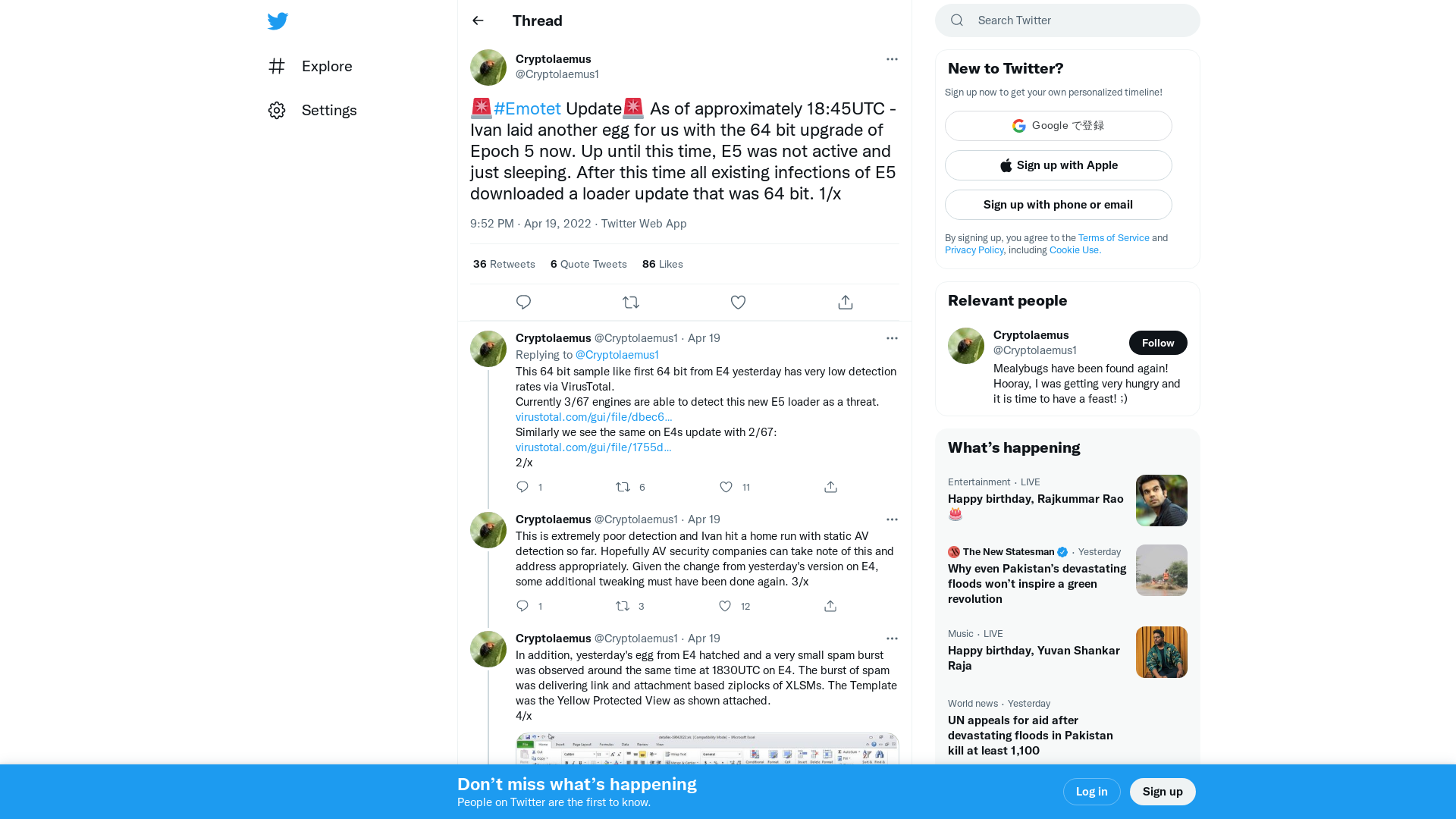 Cryptolaemus on Twitter: "🚨#Emotet Update🚨 As of approximately 18:45UTC - Ivan laid another egg for us with the 64 bit upgrade of Epoch 5 now. Up until this time, E5 was not active and just sleeping. After this time all existing infections of E5 downloaded a loader update that was 64 bit. 1/x" / Twitter