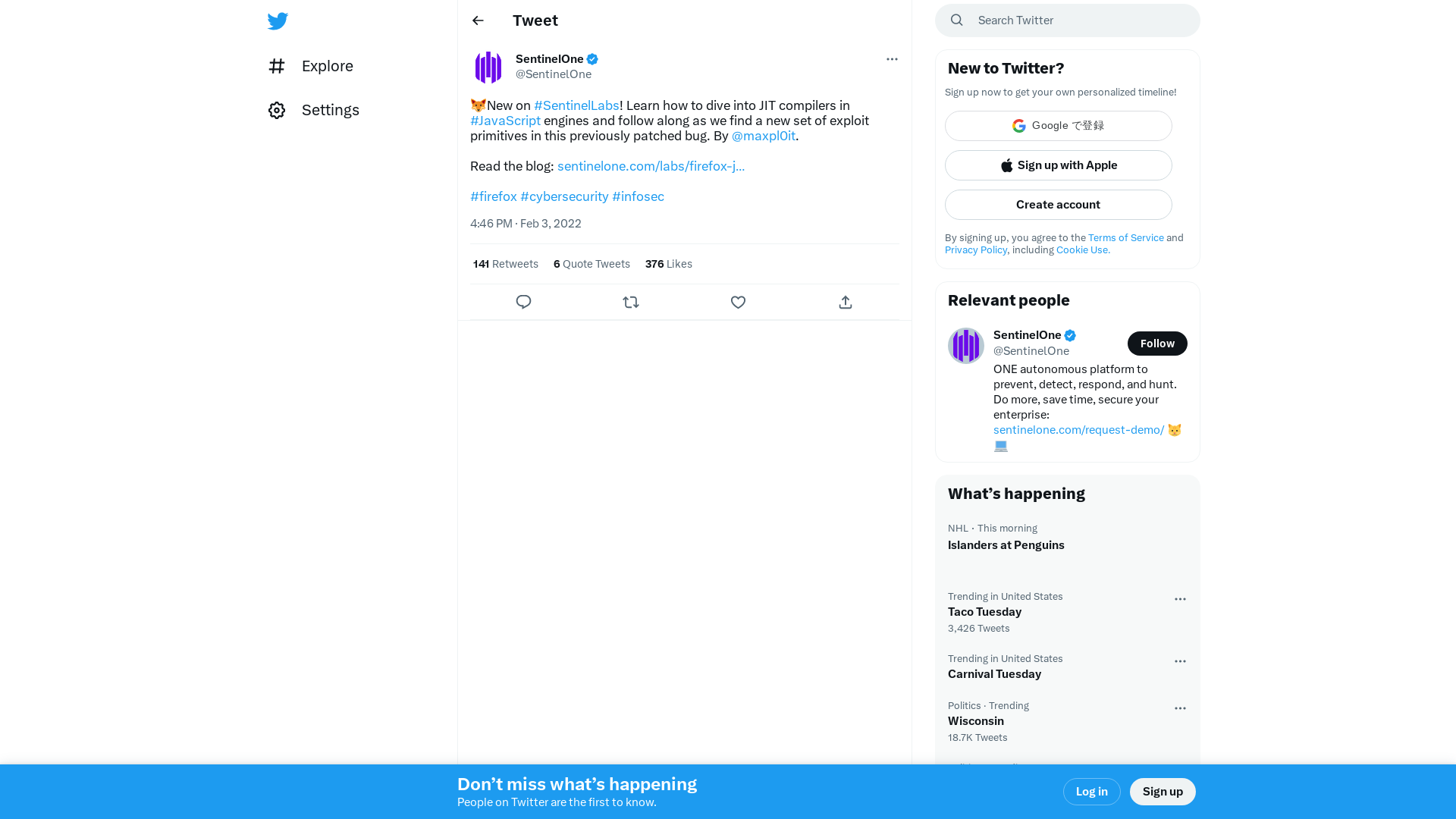 SentinelOne on Twitter: "🦊New on #SentinelLabs! Learn how to dive into JIT compilers in #JavaScript engines and follow along as we find a new set of exploit primitives in this previously patched bug. By @maxpl0it. Read the blog: https://t.co/1oI51BecK4 #firefox #cybersecurity #infosec" / Twitter