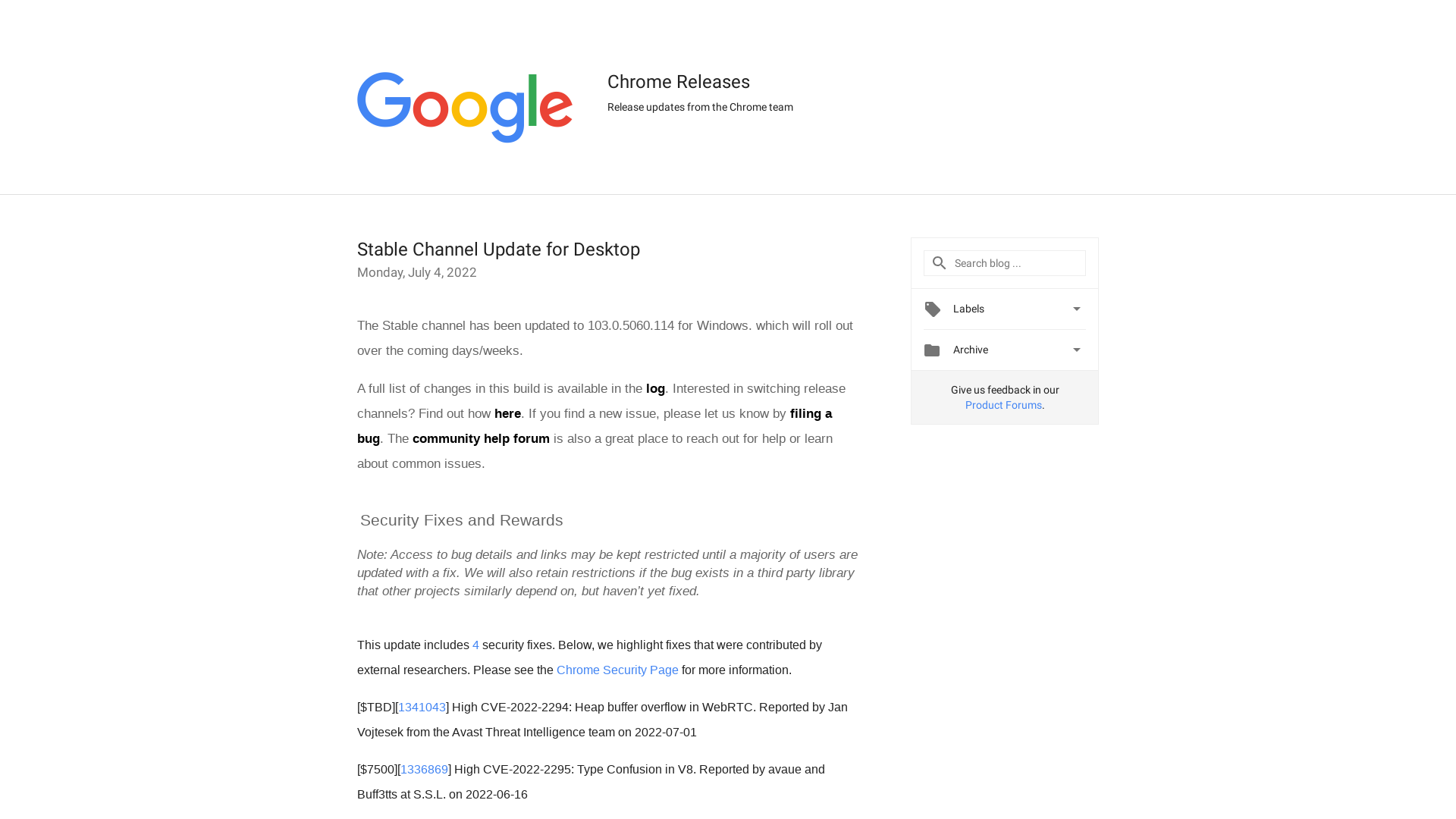 Chrome Releases: Stable Channel Update for Desktop