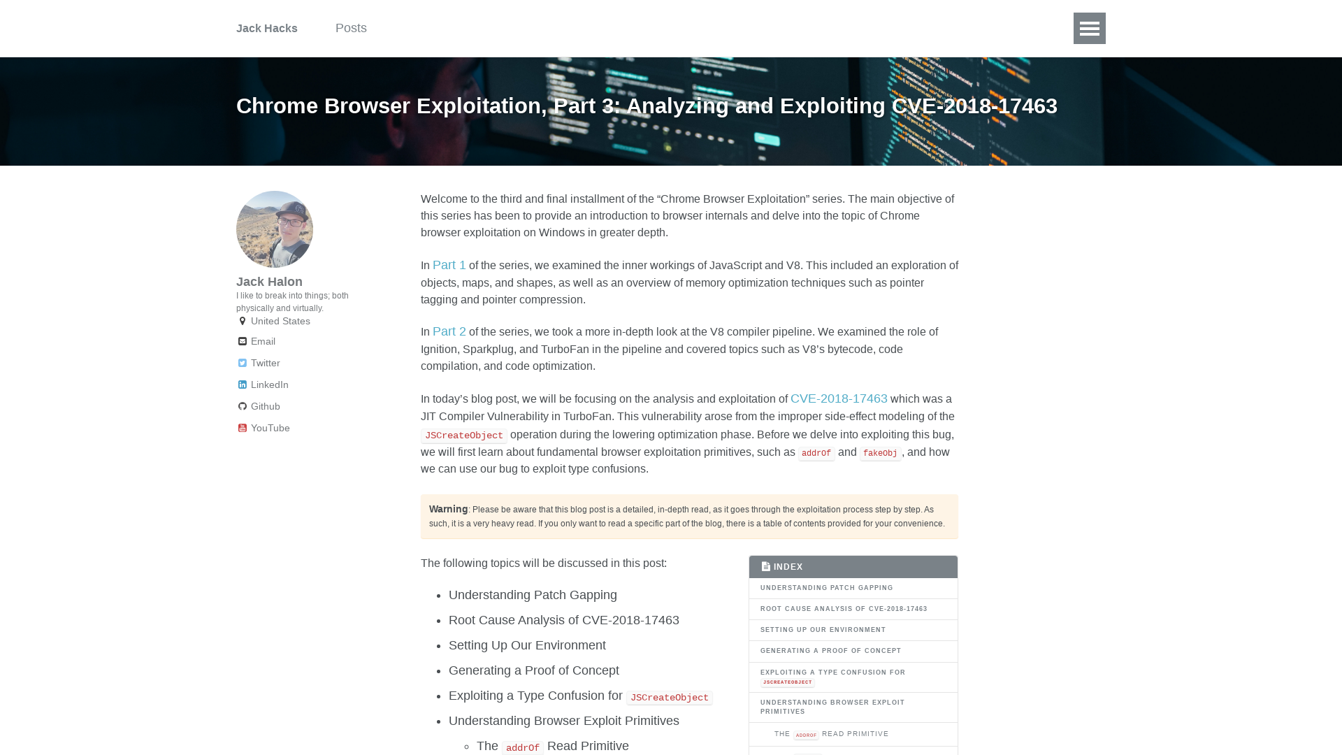 Chrome Browser Exploitation, Part 3: Analyzing and Exploiting CVE-2018-17463 - Jack Hacks