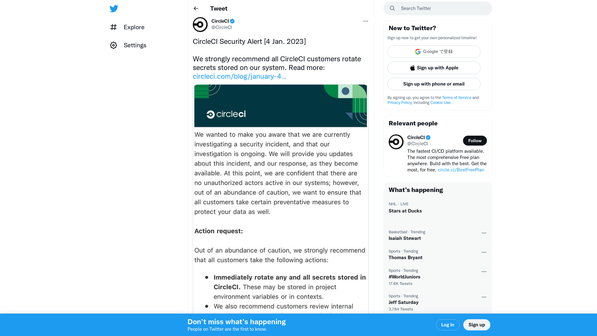 CircleCI on Twitter: "CircleCI Security Alert [4 Jan. 2023] We strongly recommend all CircleCI customers rotate secrets stored on our system. Read more: https://t.co/fiB4PSXbiH https://t.co/cewxH1Dd8e" / Twitter