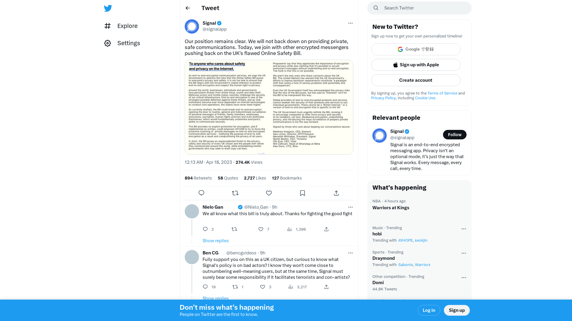 Signal on Twitter: "Our position remains clear. We will not back down on providing private, safe communications. Today, we join with other encrypted messengers pushing back on the UK's flawed Online Safety Bill. https://t.co/MwGBgcvgjk" / Twitter