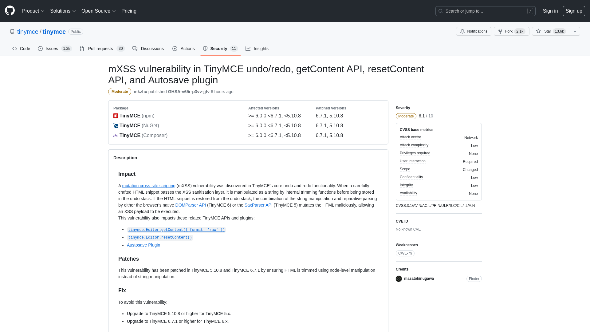 mXSS vulnerability in TinyMCE undo/redo, getContent API, resetContent API, and Autosave plugin · Advisory · tinymce/tinymce · GitHub