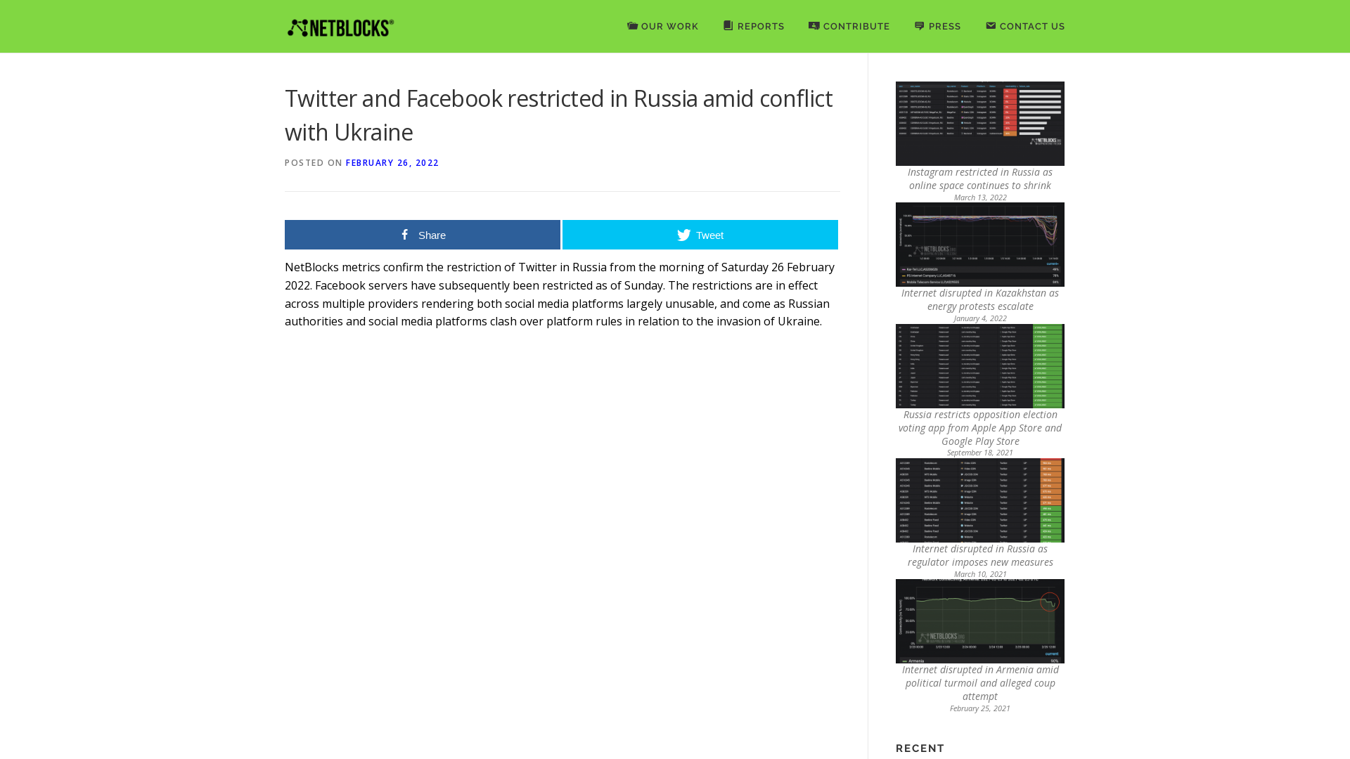 Twitter and Facebook restricted in Russia amid conflict with Ukraine - NetBlocks