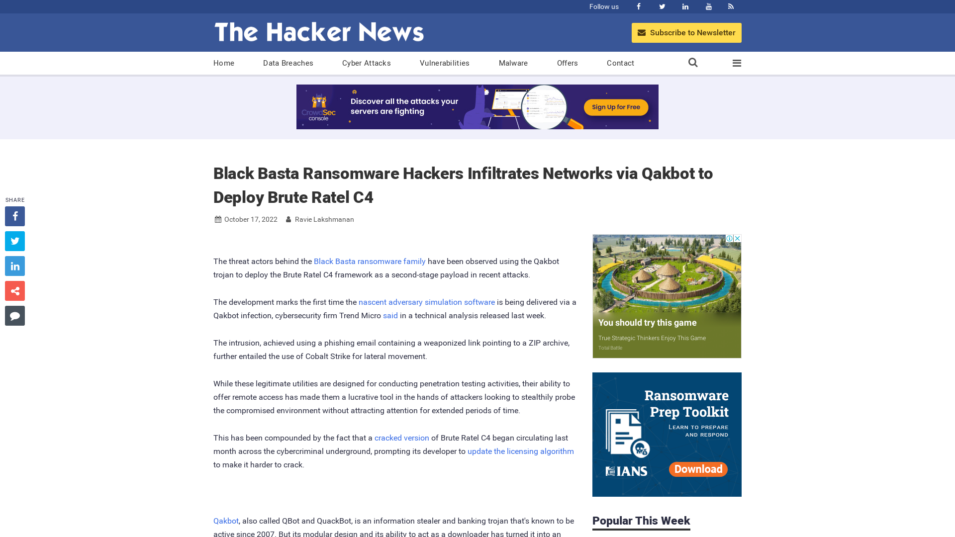 Black Basta Ransomware Hackers Infiltrates Networks via Qakbot to Deploy Brute Ratel C4