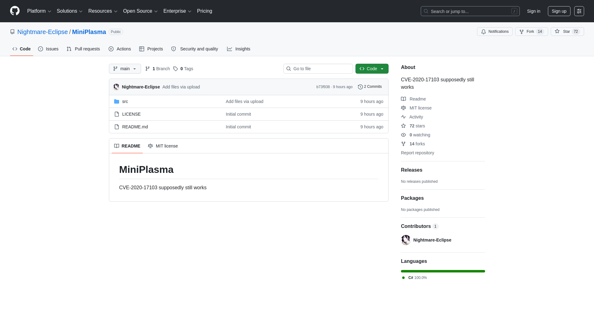 GitHub - Nightmare-Eclipse/MiniPlasma: CVE-2020-17103 supposedly still works · GitHub