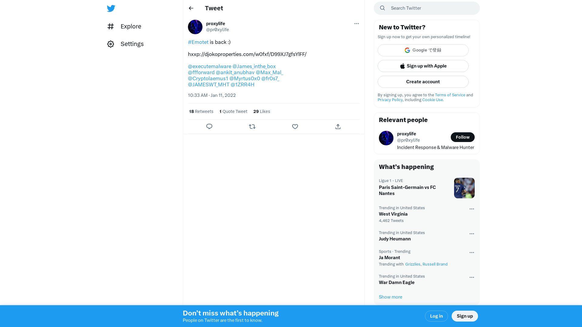 proxylife on Twitter: "#Emotet is back :) hxxp://djokoproperties.com/w0fxf/D99XJ7gfsYlFF/ @executemalware @James_inthe_box @ffforward @ankit_anubhav @Max_Mal_ @Cryptolaemus1 @Myrtus0x0 @fr0s7_ @JAMESWT_MHT @1ZRR4H" / Twitter