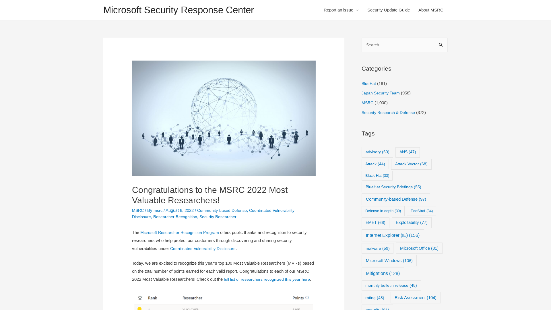 Congratulations to the MSRC 2022 Most Valuable Researchers! – Microsoft Security Response Center