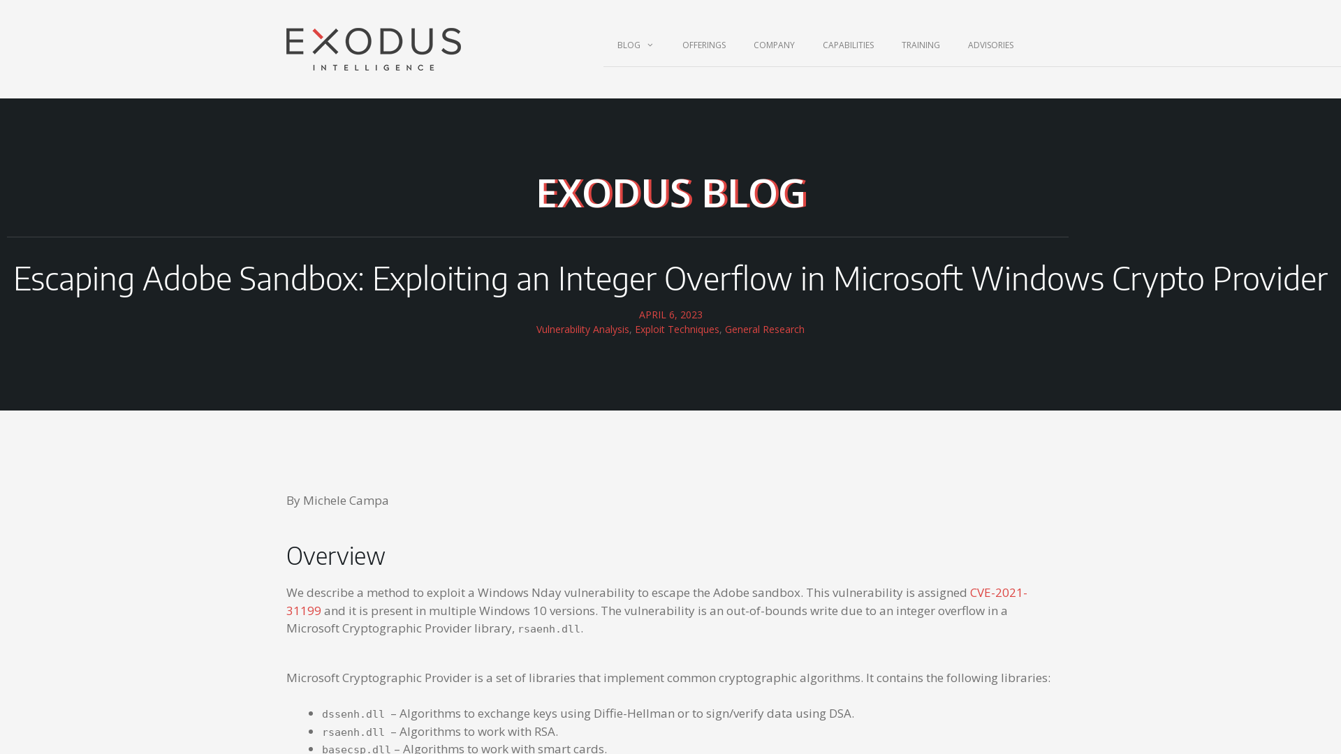 Escaping Adobe Sandbox: Exploiting an Integer Overflow in Microsoft Windows Crypto Provider - Exodus Intelligence