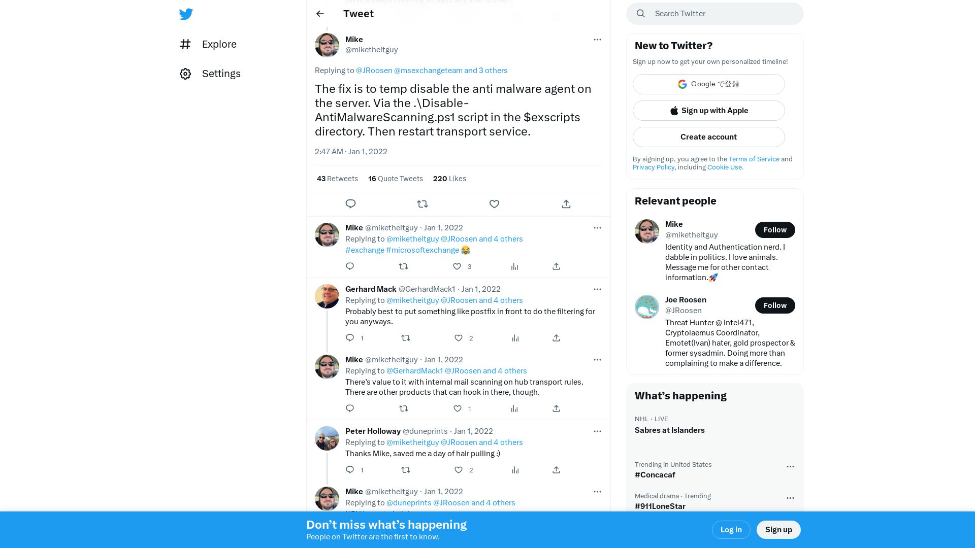 Mike on Twitter: "@JRoosen @msexchangeteam @MSFTExchange @Microsoft @MSFT365Status The fix is to temp disable the anti malware agent on the server. Via the .\Disable-AntiMalwareScanning.ps1 script in the $exscripts directory. Then restart transport service." / Twitter