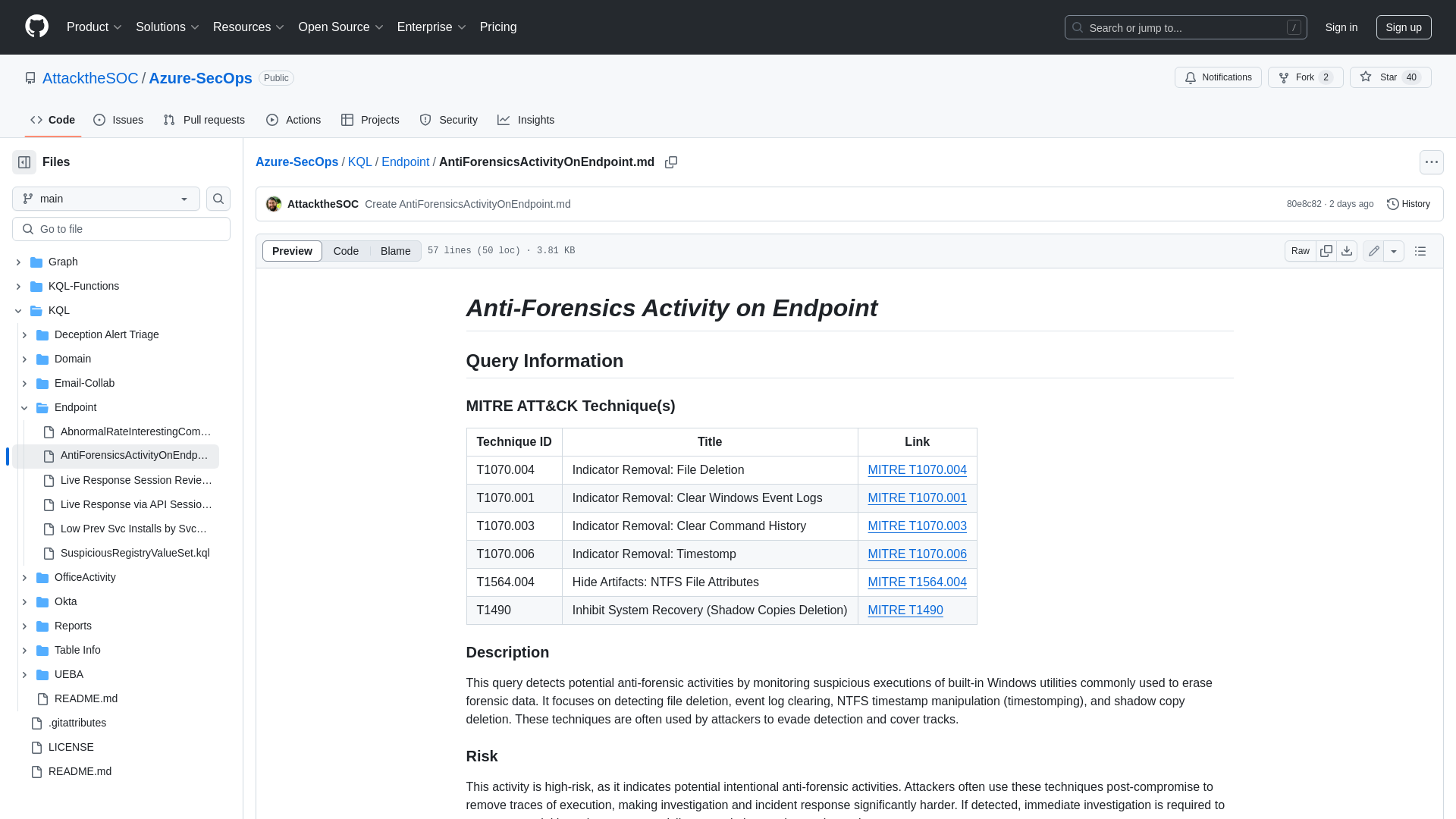 Azure-SecOps/KQL/Endpoint/AntiForensicsActivityOnEndpoint.md at main · AttacktheSOC/Azure-SecOps · GitHub