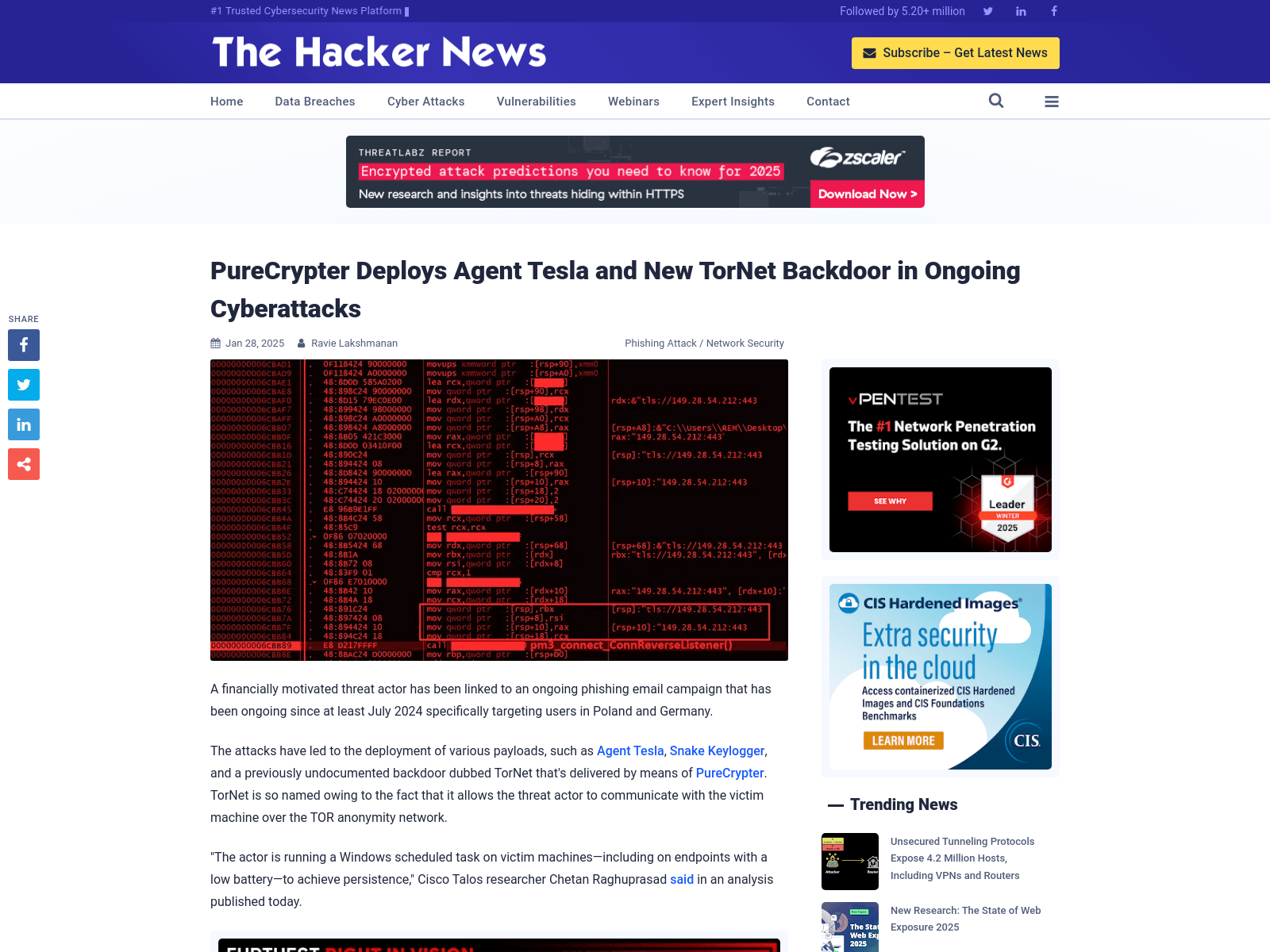 PureCrypter Deploys Agent Tesla and New TorNet Backdoor in Ongoing Cyberattacks