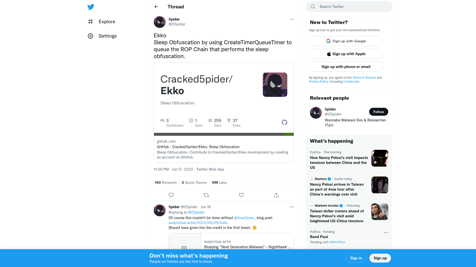 5pider on Twitter: "Ekko Sleep Obfuscation by using CreateTimerQueueTimer to queue the ROP Chain that performs the sleep obfuscation. https://t.co/DiZt4NDDVn" / Twitter