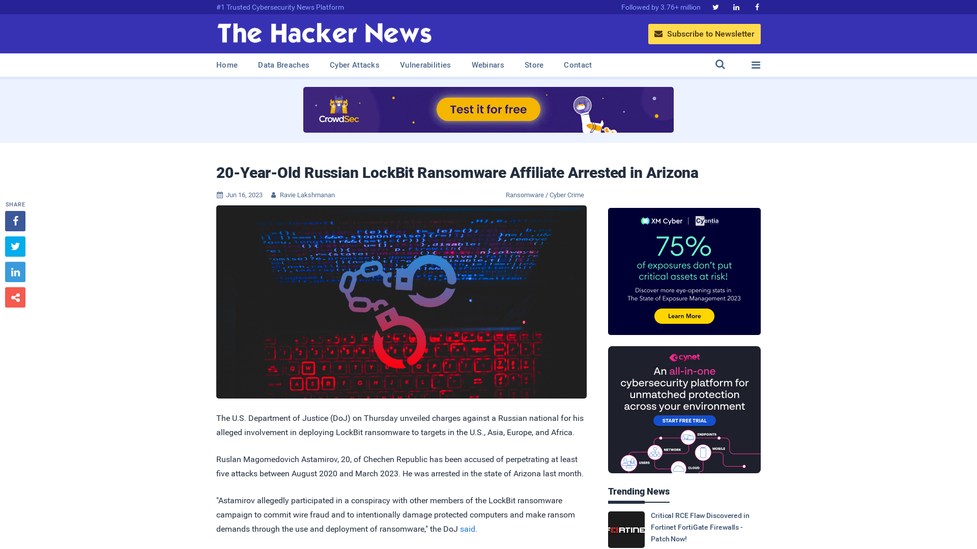 20-Year-Old Russian LockBit Ransomware Affiliate Arrested in Arizona