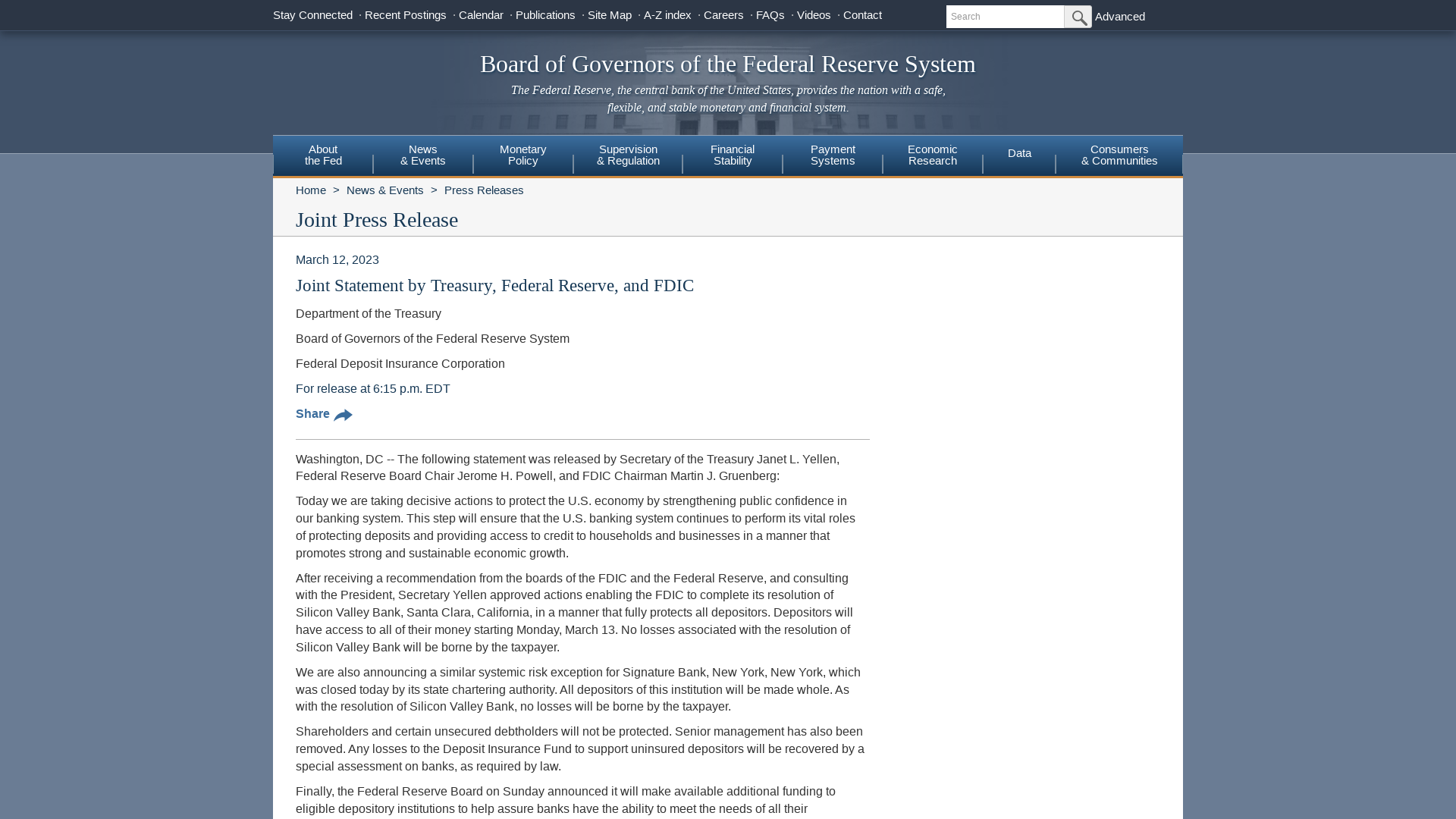 Federal Reserve Board - Joint Statement by Treasury, Federal Reserve, and FDIC