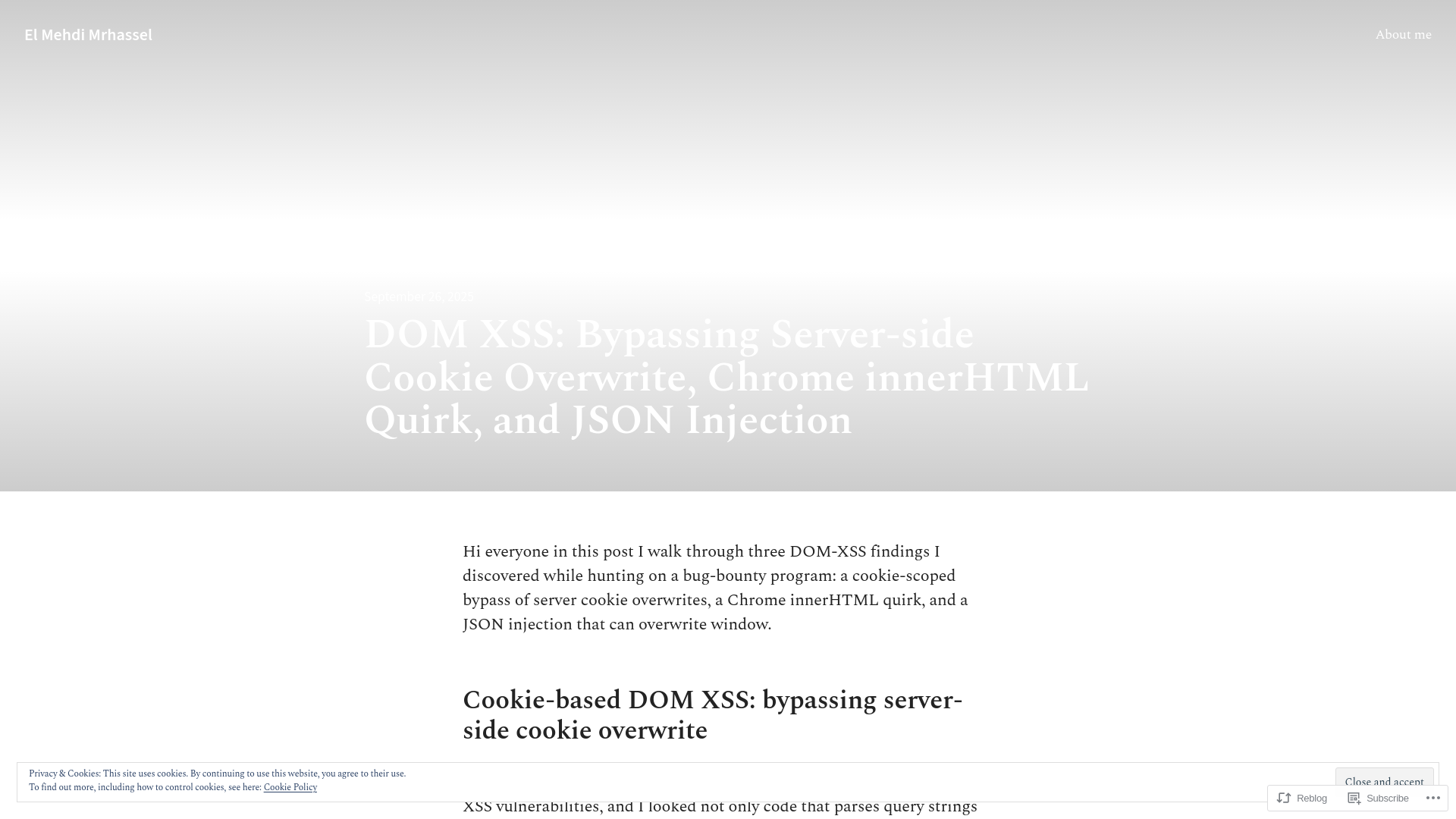 DOM XSS: Bypassing Server-side Cookie Overwrite, Chrome innerHTML Quirk, and JSON Injection – El Mehdi Mrhassel